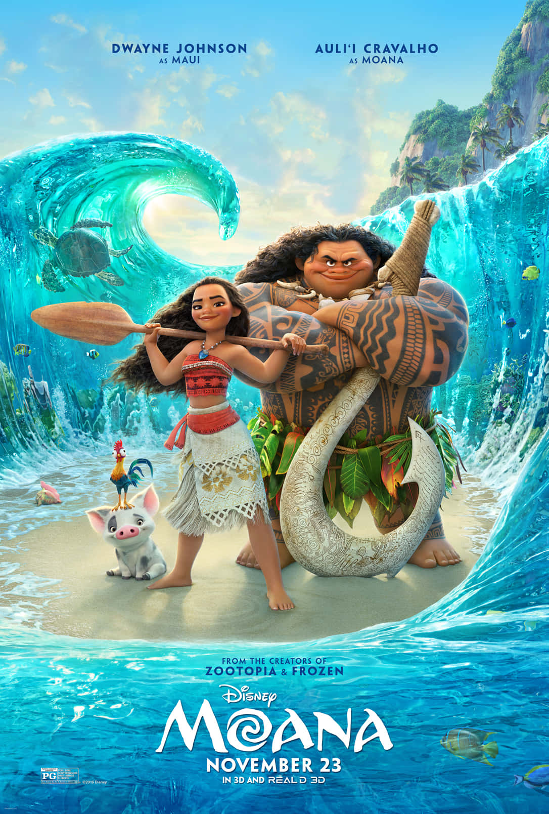 海洋奇緣 桌布 壁紙 — Moana 和 Maui 英雄般地站在一個巨大的藍綠色波浪中，旁邊有一隻豬和一隻公雞在沙灘上。