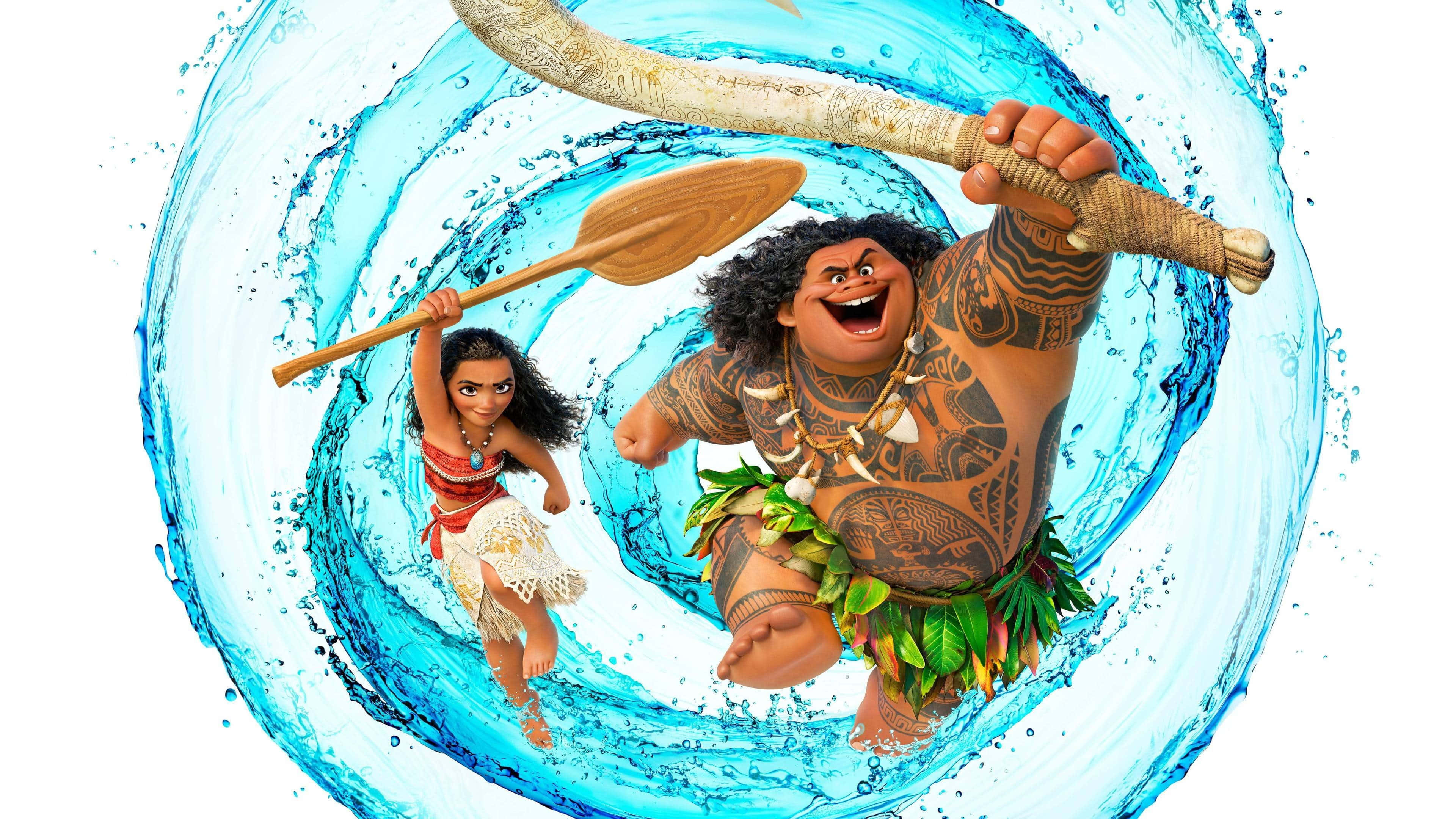 海洋奇緣 桌布 壁紙 — Moana 和 Maui 跳過一個充滿活力的藍色水漩渦，揮舞著他們的槳，充滿歡樂的能量。
