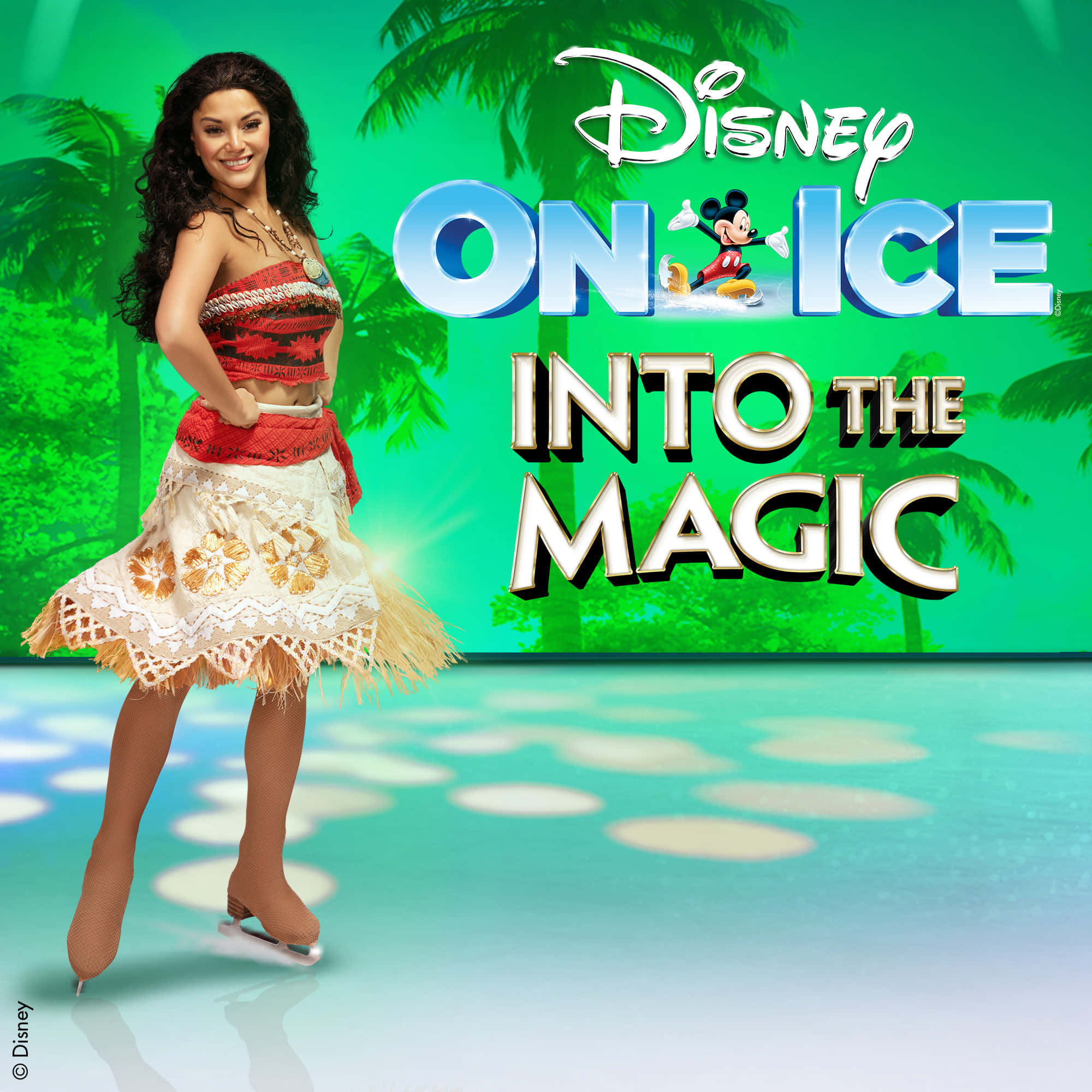 迪士尼 桌布 壁紙 — Moana 在充滿活力的熱帶背景下優雅地溜冰，並帶有 Disney On Ice 標誌。