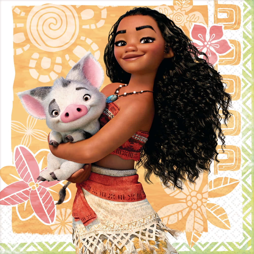 海洋奇緣 桌布 壁紙 — Moana 溫暖地微笑，擁抱她的豬 Pua，背景是充滿活力的玻里尼西亞圖案。