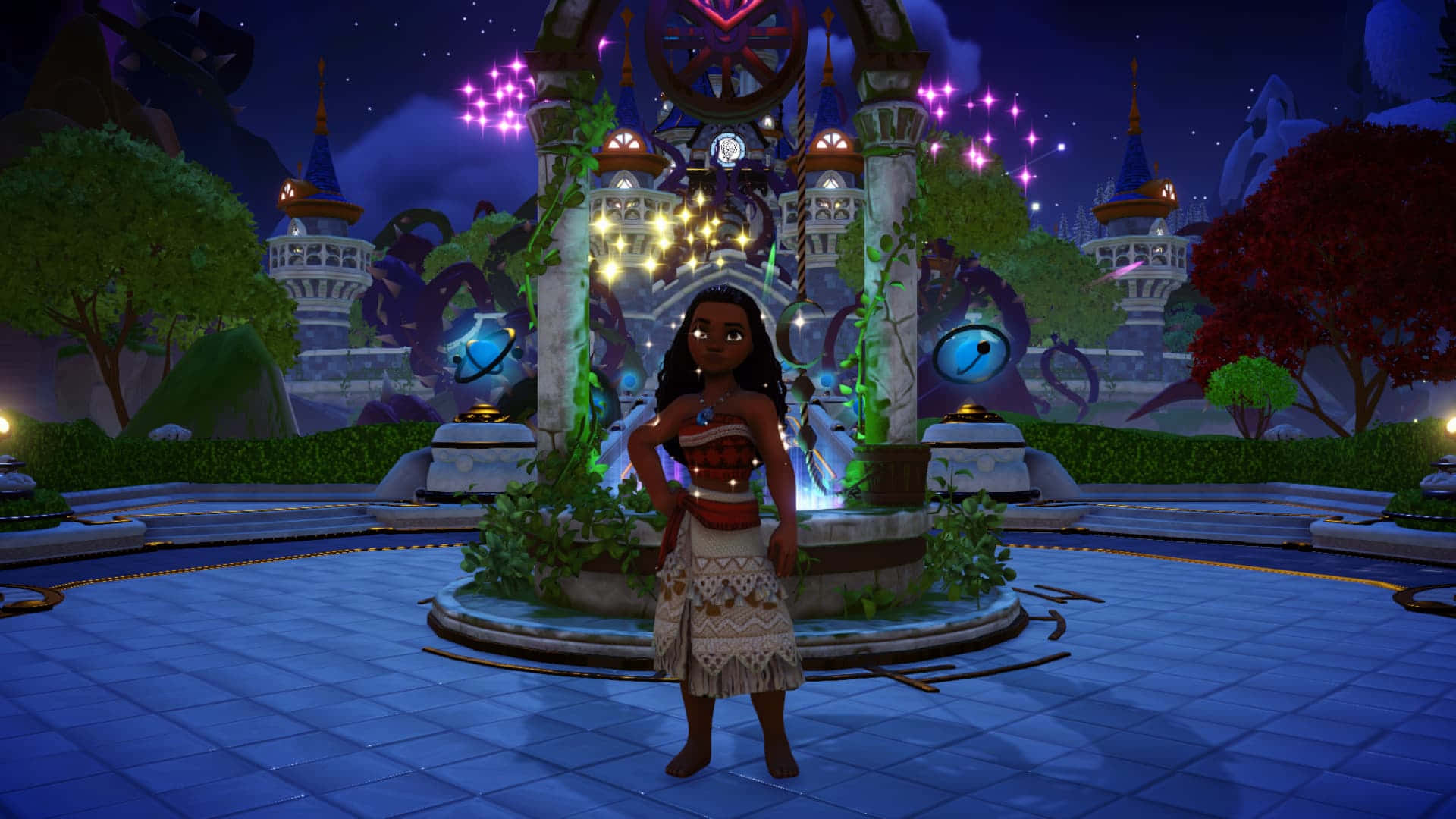 Moana 桌布 壁紙 — Moana 自信地站在夜晚發光的魔法花園中，身後有魔法城堡和閃爍的燈光。