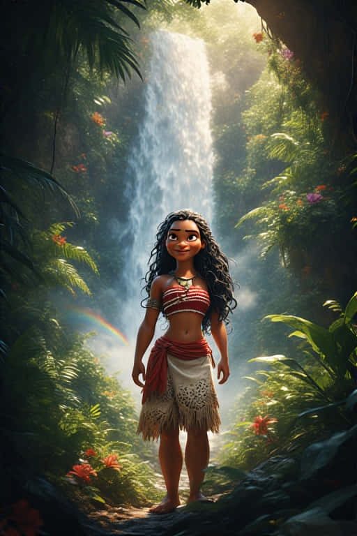 Realistic Moana in Tropical Rainforest 壁紙 — Moana 赤腳站在茂密叢林的瀑布前，彩虹在霧氣陽光中拱起。
