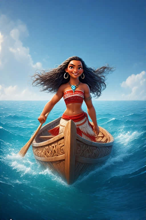 Oceanic Adventure Moana 4K 壁紙 — Moana自信地微笑，划著她雕刻的木製獨木舟，在明亮的天空下穿過充滿活力的藍色海浪。