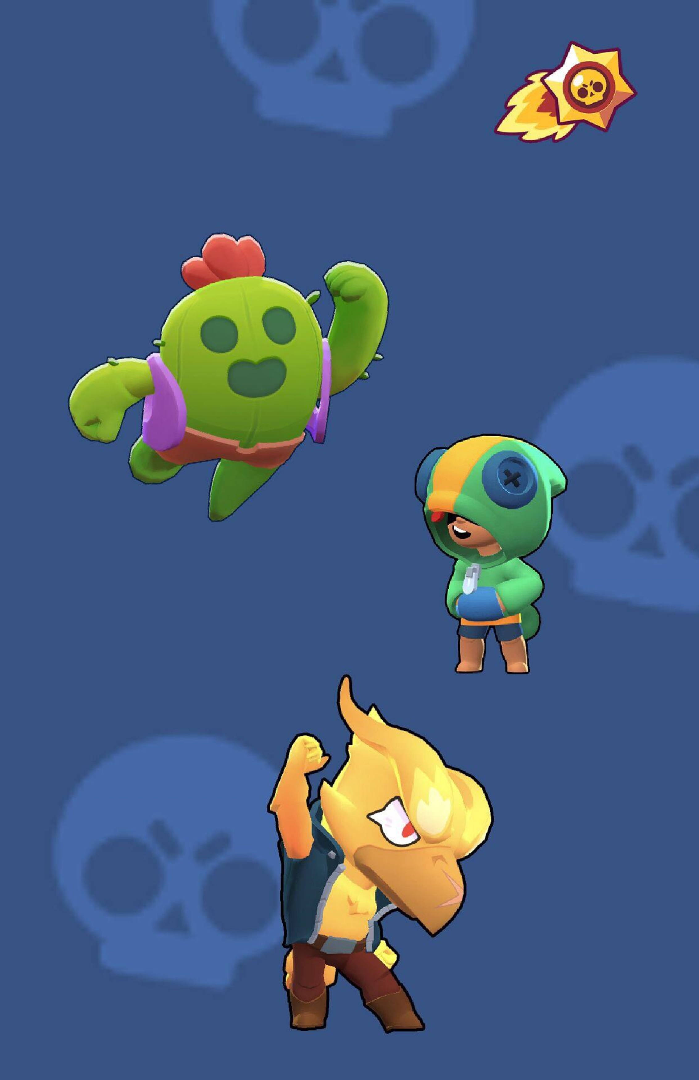 MOBA 角色 Brawl Stars 4K 壁紙 — 三個色彩繽紛的卡通角色在深藍色背景上跳躍擺姿勢，背景帶有隱約的骷髏圖案和一顆火焰星星。