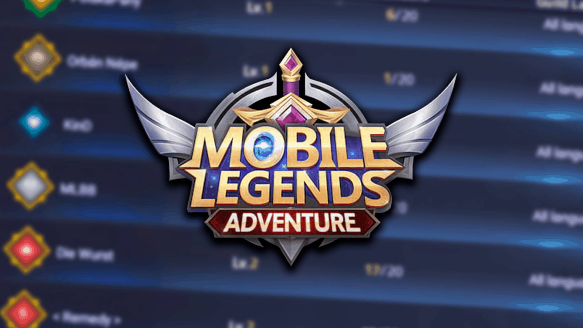 mobile legends logo 桌布 壁紙 — Mobile Legends Adventure 標誌在模糊的遊戲介面背景上，以金屬翅膀和寶石點綴閃耀。