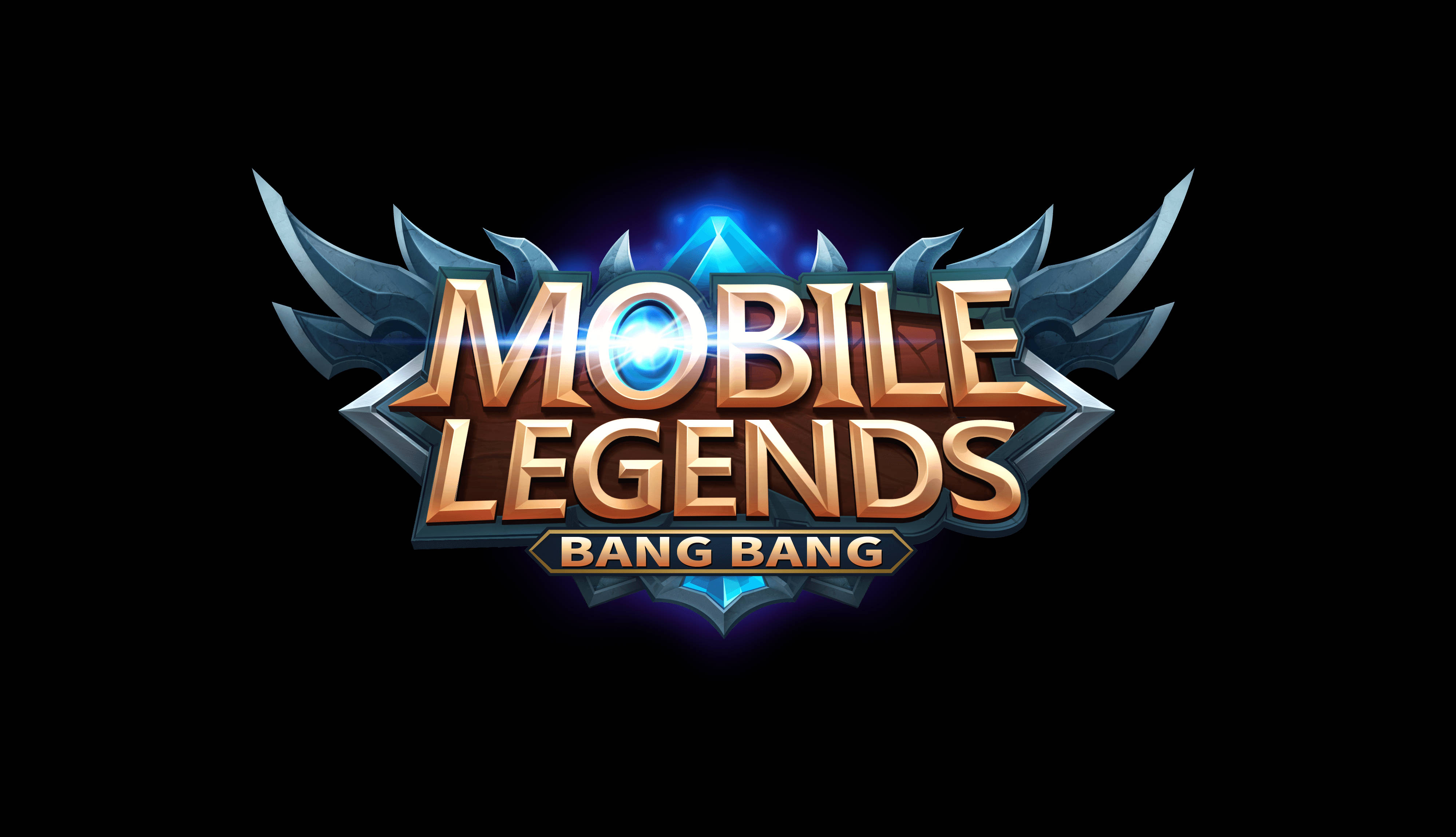 mobile legends logo 桌布 壁紙 — Mobile Legends Bang Bang 的遊戲標誌，帶有發光的藍色和金色文字，兩側是金屬翅膀，背景為黑色。