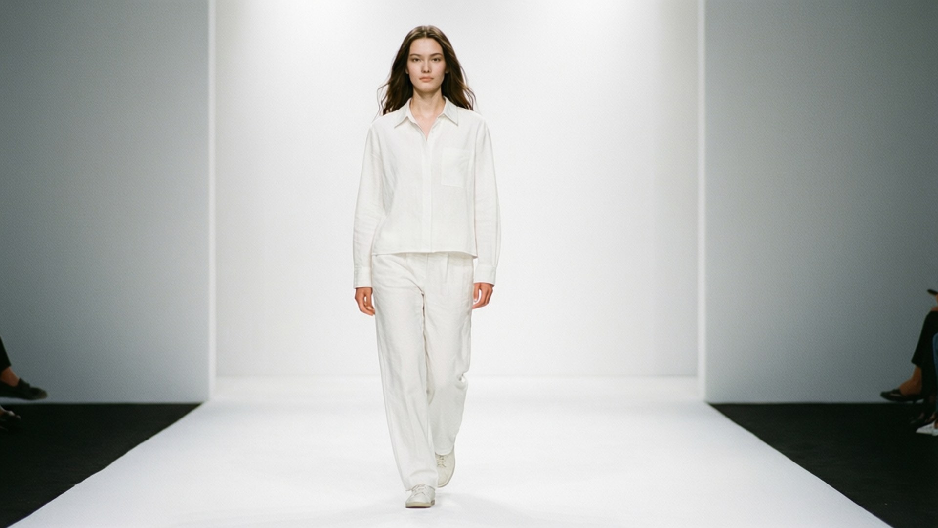 catwalk 桌布 壁紙 — 模特兒在明亮的攝影棚燈光下，穿著全白訂製服裝，自信地走在簡約的白色伸展台上。