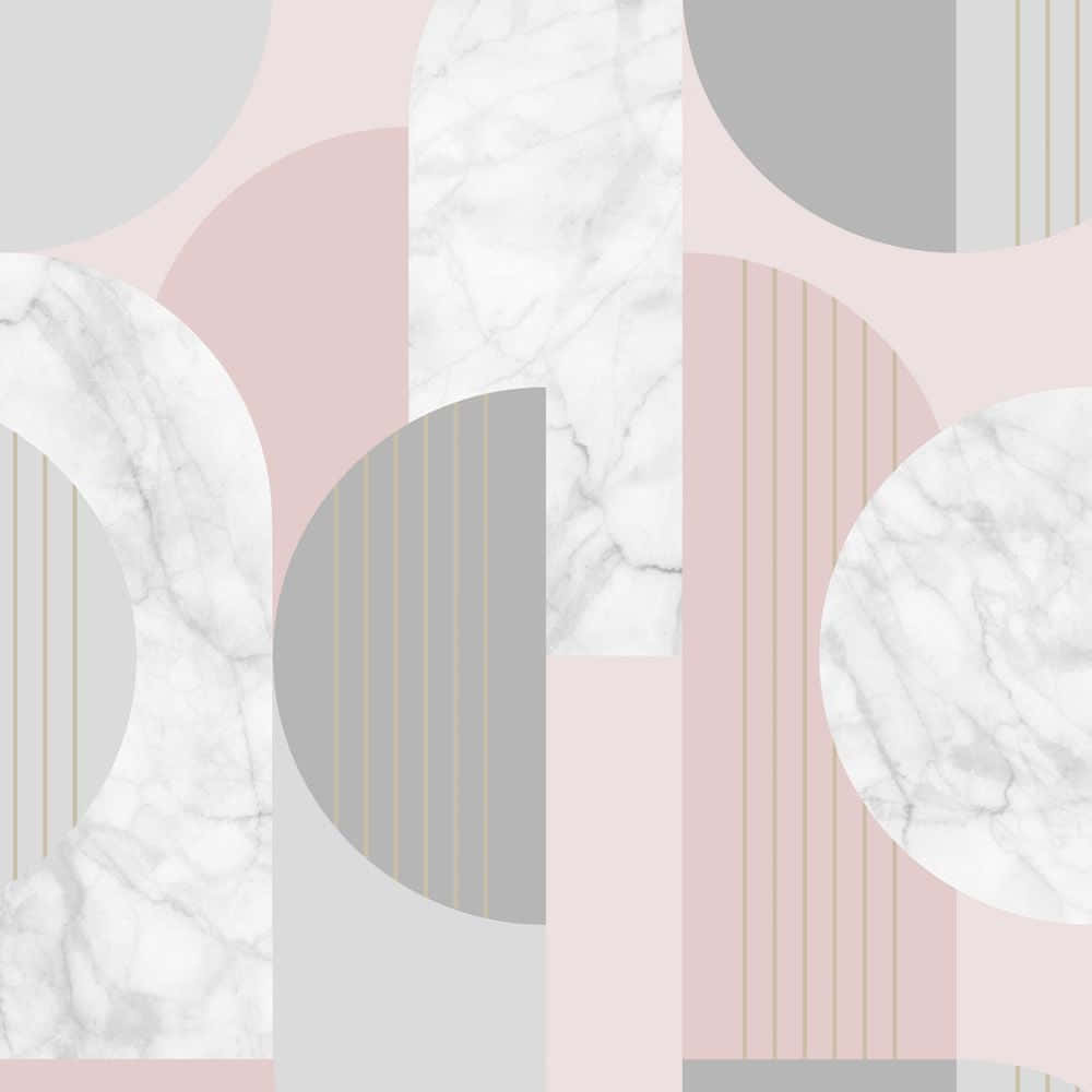 Blush Pink 桌布 壁紙 — 現代抽象壁紙，採用粉彩粉紅、灰色和白色大理石幾何形狀及金色條紋。