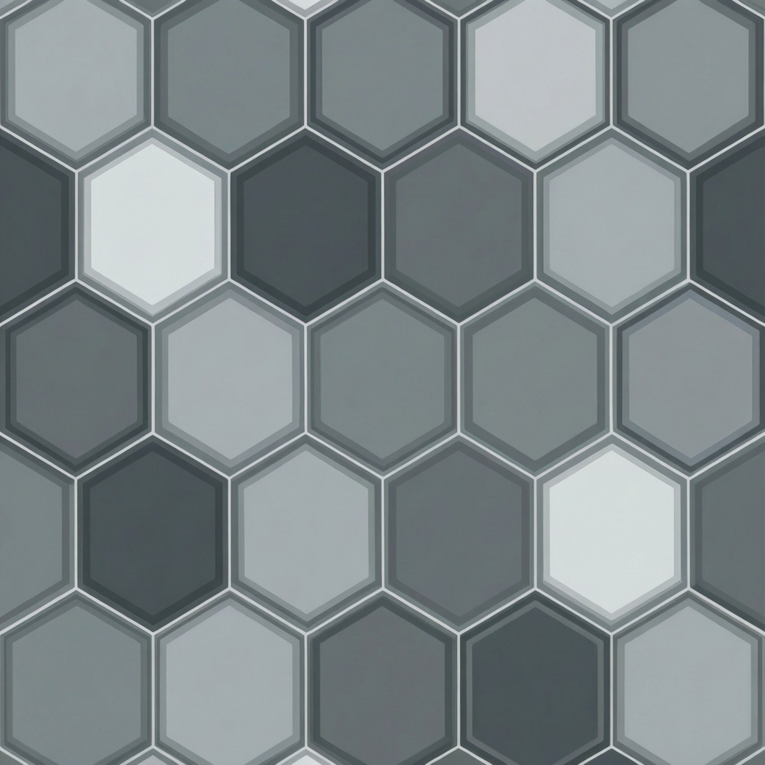 Gray Hexagon Pattern 壁紙 — 現代壁紙圖案，由不同灰色調的六角形瓷磚組成，帶有細白色邊框。