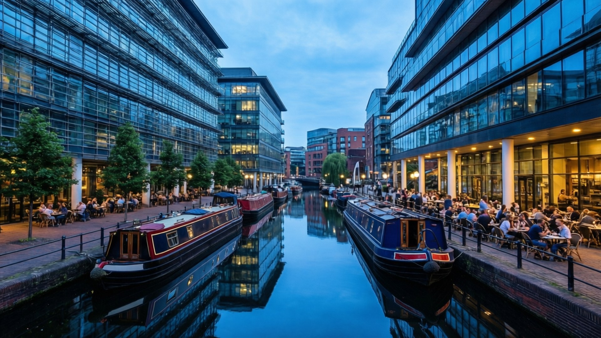 Brindleyplace Evening Calm 壁紙 — 現代玻璃建築在黃昏時分矗立在寧靜的運河兩旁，停泊的窄船和人們在戶外咖啡館用餐。