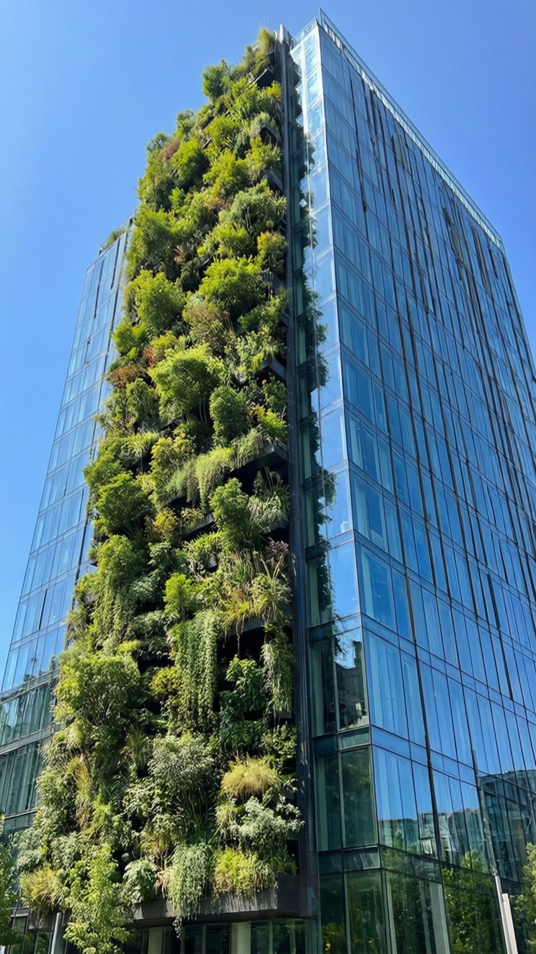 Green Vertical Garden 壁紙 — 一座現代玻璃摩天大樓，其外牆上有一個茂密的垂直花園，綠色植物在清澈的藍天下層疊而下。