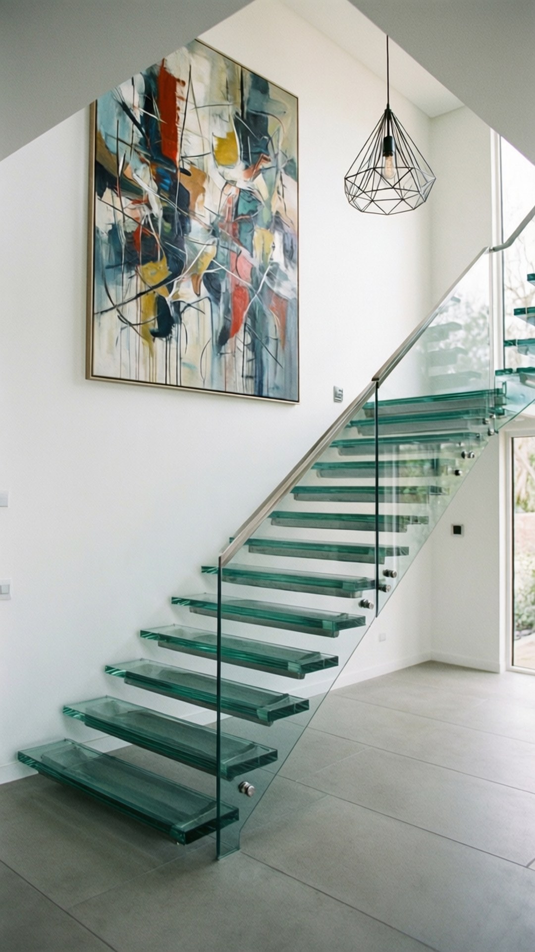 Floating Glass Staircase 壁紙 — 現代玻璃樓梯，綠色梯級，旁邊有一幅大型抽象畫，下方是幾何吊燈。