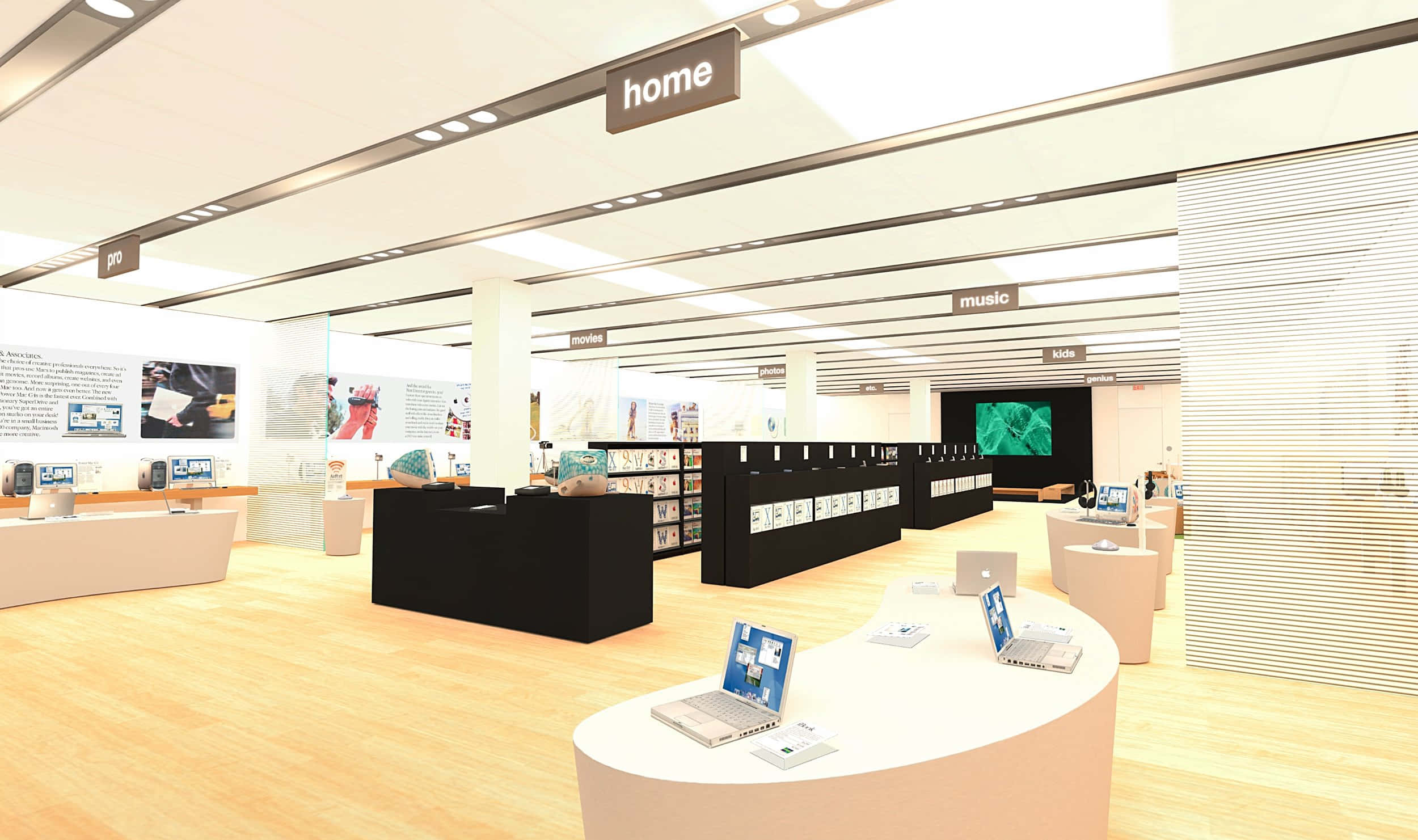 Apple Store 桌布 壁紙 — 現代簡約電子產品店，配備時尚白色顯示屏、黑色貨架和弧形桌上的筆記型電腦，上方有明亮的頂燈。