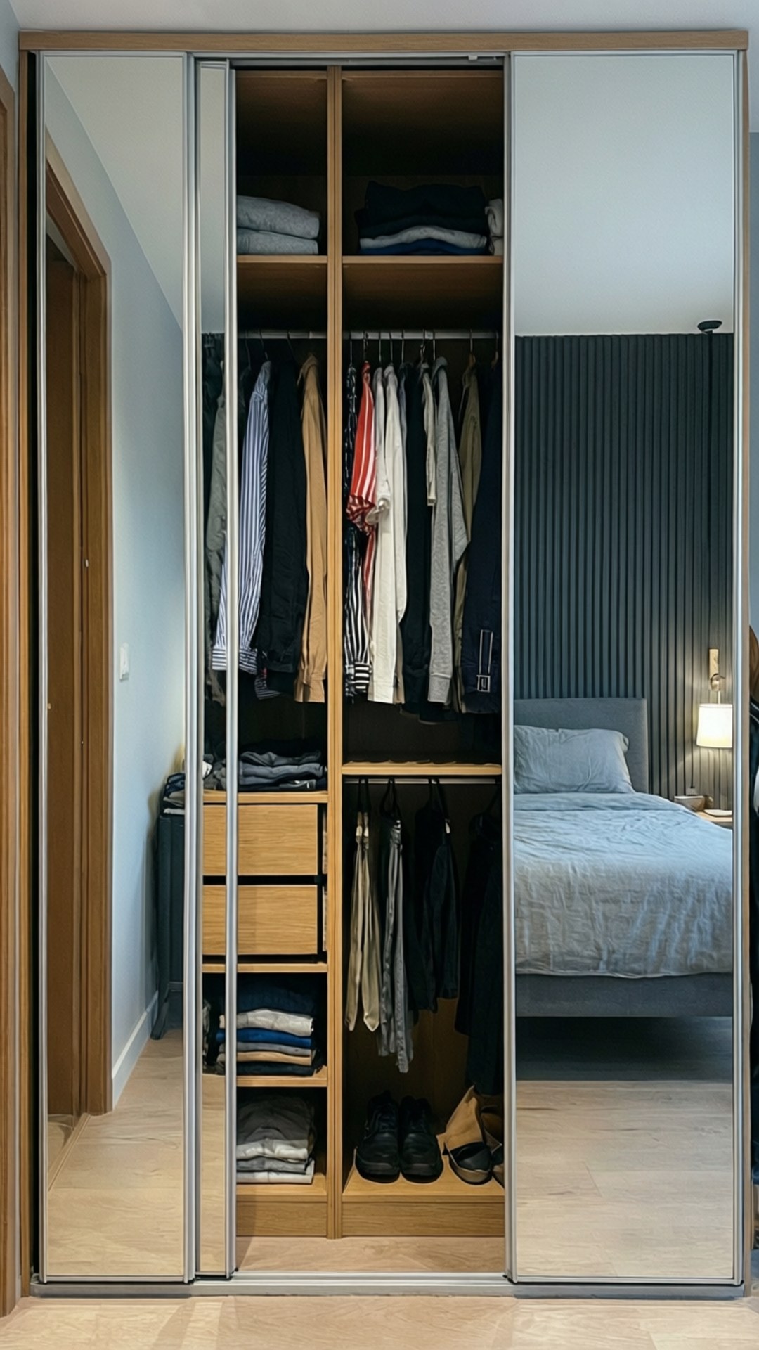 PAX Wardrobe 壁紙 — 現代鏡面滑門衣櫃揭示整齊有序的衣物層架，以及一張床和床頭燈的舒適臥室。