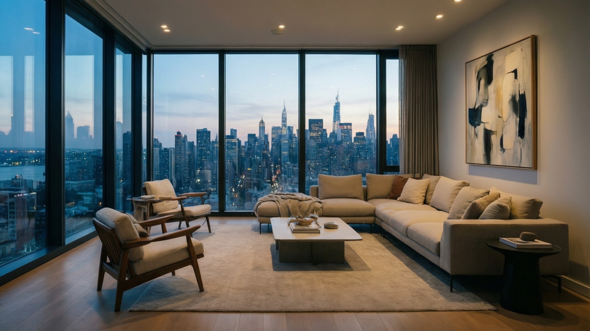 Modern City Living 壁紙 — 現代客廳，落地窗展示著暮色城市景觀，高聳的摩天大樓。
