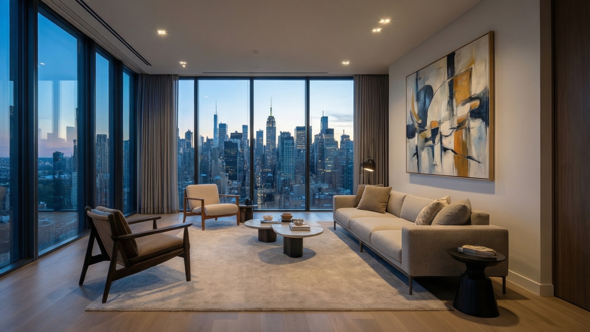 Modern City Living 壁紙 — 現代客廳，設有落地窗，展示黃昏時充滿活力的城市天際線。
