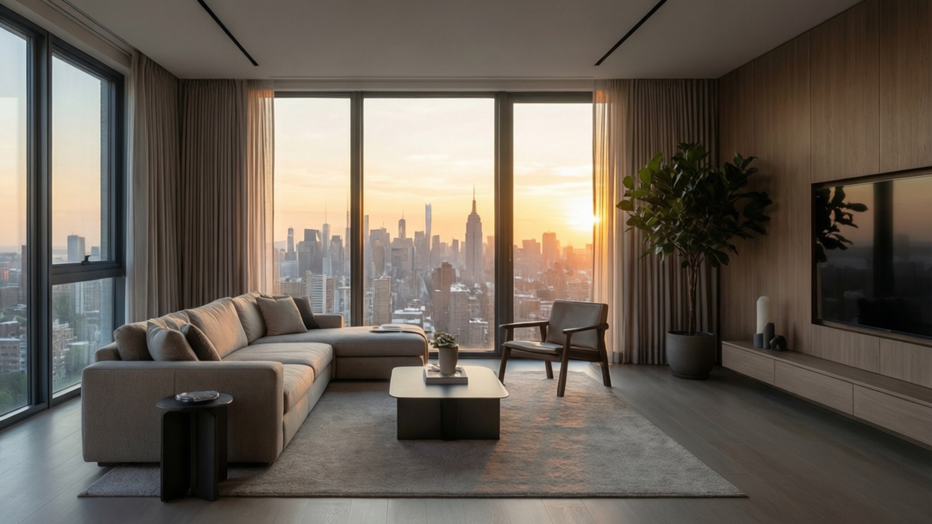 Cityscape Modern Home 壁紙 — 一個現代化的客廳，配有一張組合沙發，面向落地窗，窗外展現紐約市天際線上的金色日落。