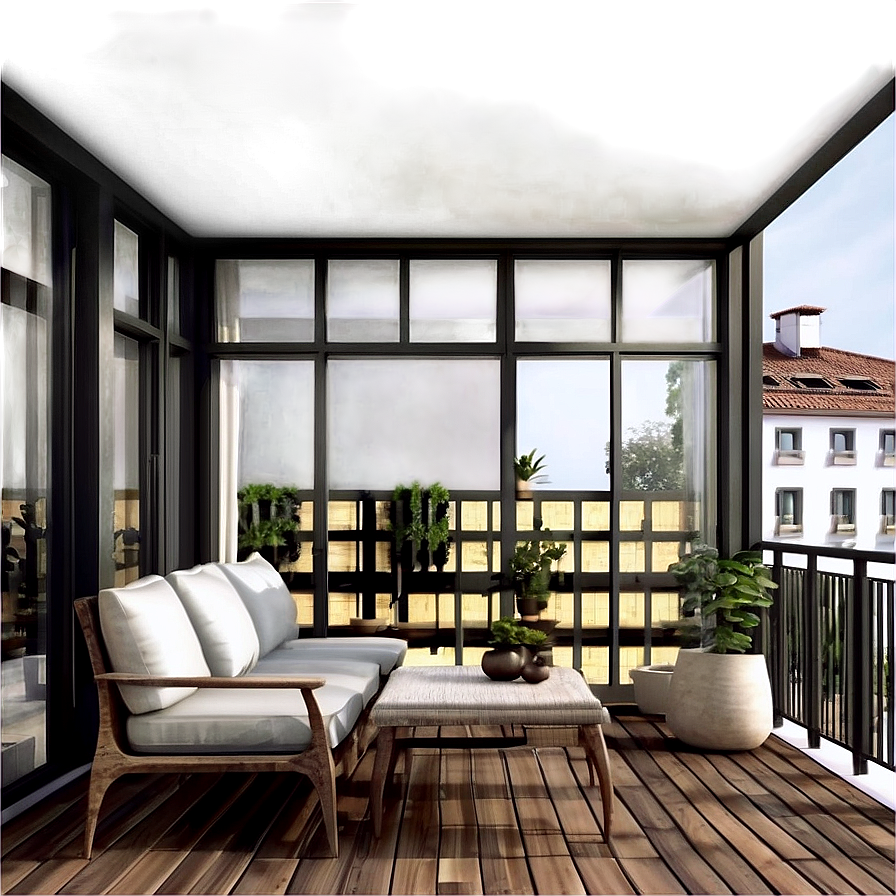 現代陽台，木地板，白色沙發，周圍環繞盆栽植物。 — 3440X1440 壁紙