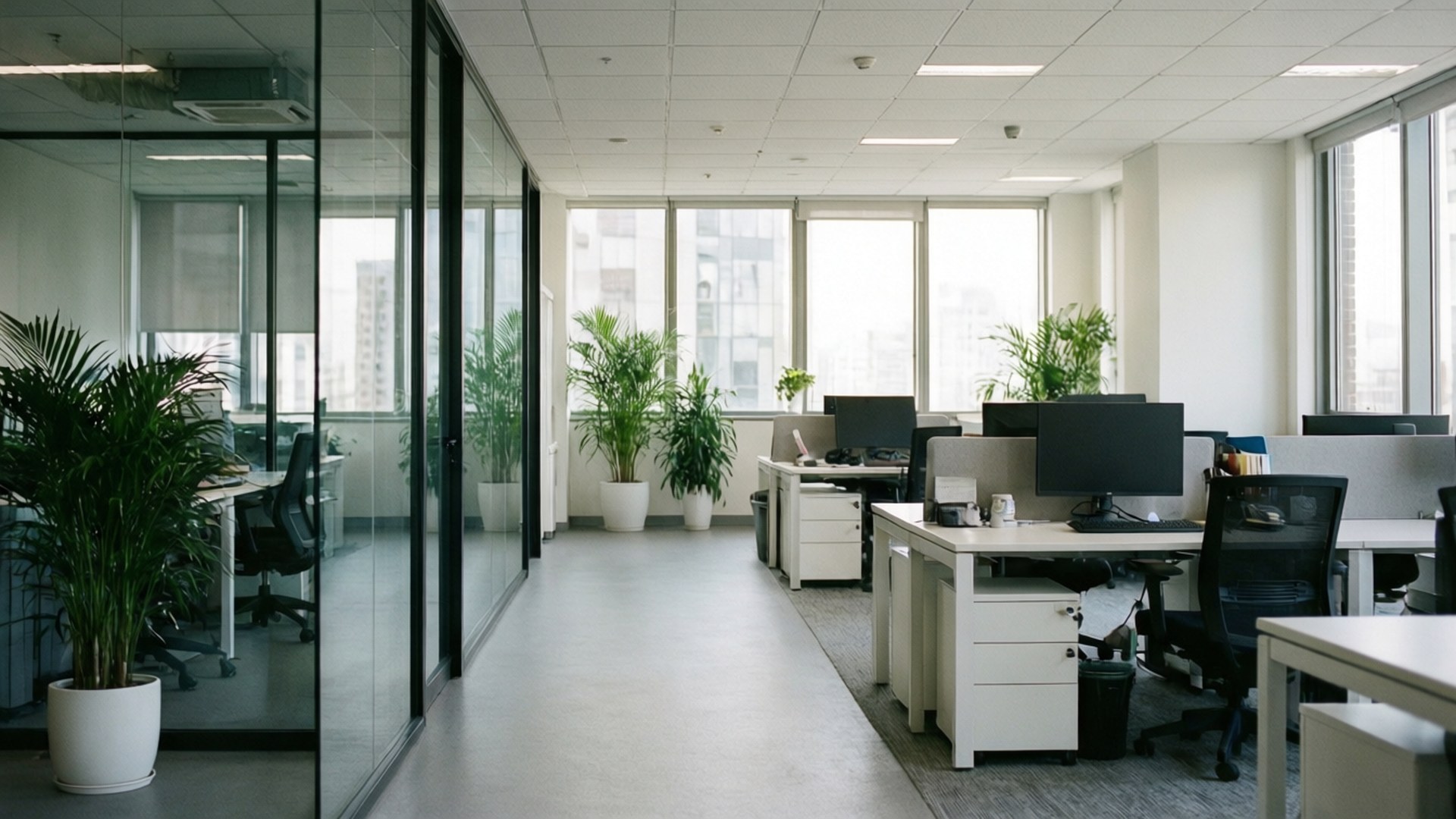 Bright Modern Office 壁紙 — 現代辦公室走廊，設有玻璃隔間、白色辦公桌、黑色椅子和高大的盆栽植物，在明亮的自然光下。