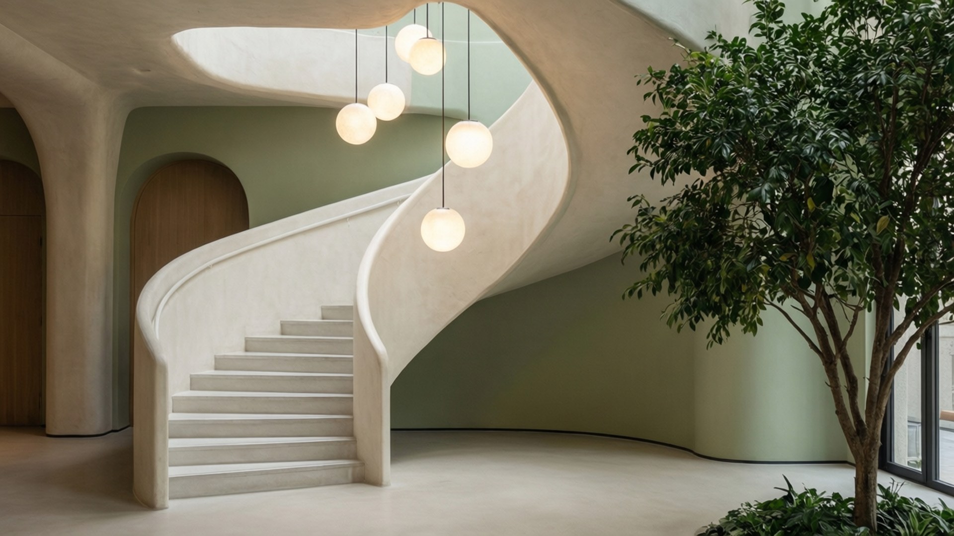 Organic Modern Staircase 壁紙 — 現代螺旋樓梯，流暢曲線與懸掛球燈，旁邊是茂盛的室內樹木，襯托柔和的綠色牆壁。