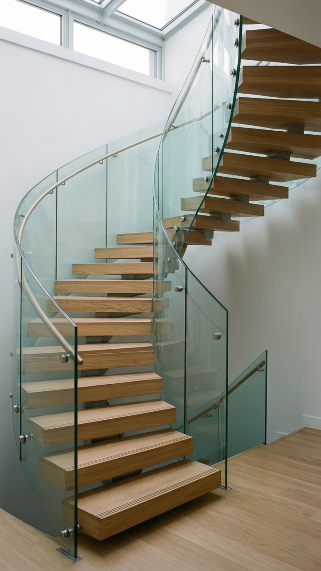 Modern Floating Stairs 壁紙 — 現代螺旋樓梯，配有木質踏板和弧形玻璃欄杆，在極簡白色房間的天窗下上升。