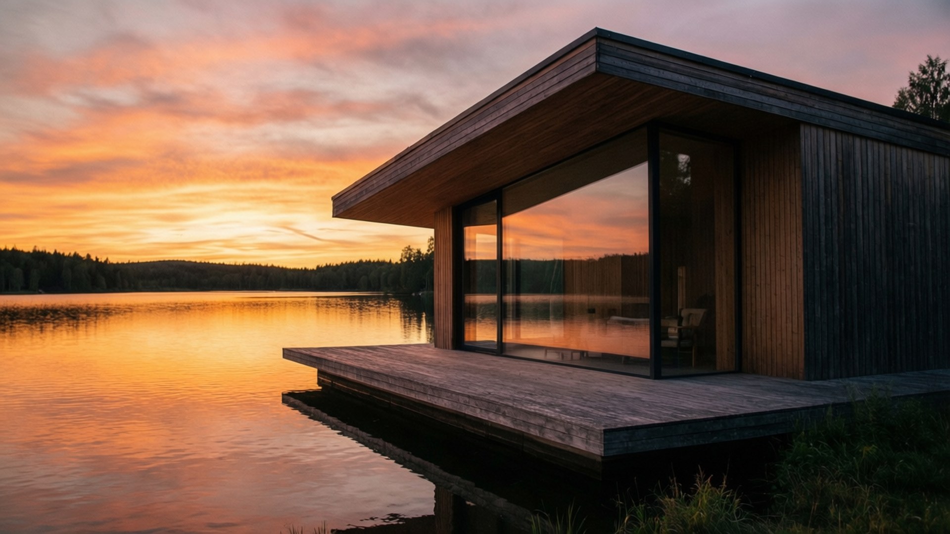 Lakeside Modern Retreat 壁紙 — 一座現代木屋，玻璃牆，坐落在碼頭上，平靜的水面倒映著火紅的橙色和粉紅色日落天空。