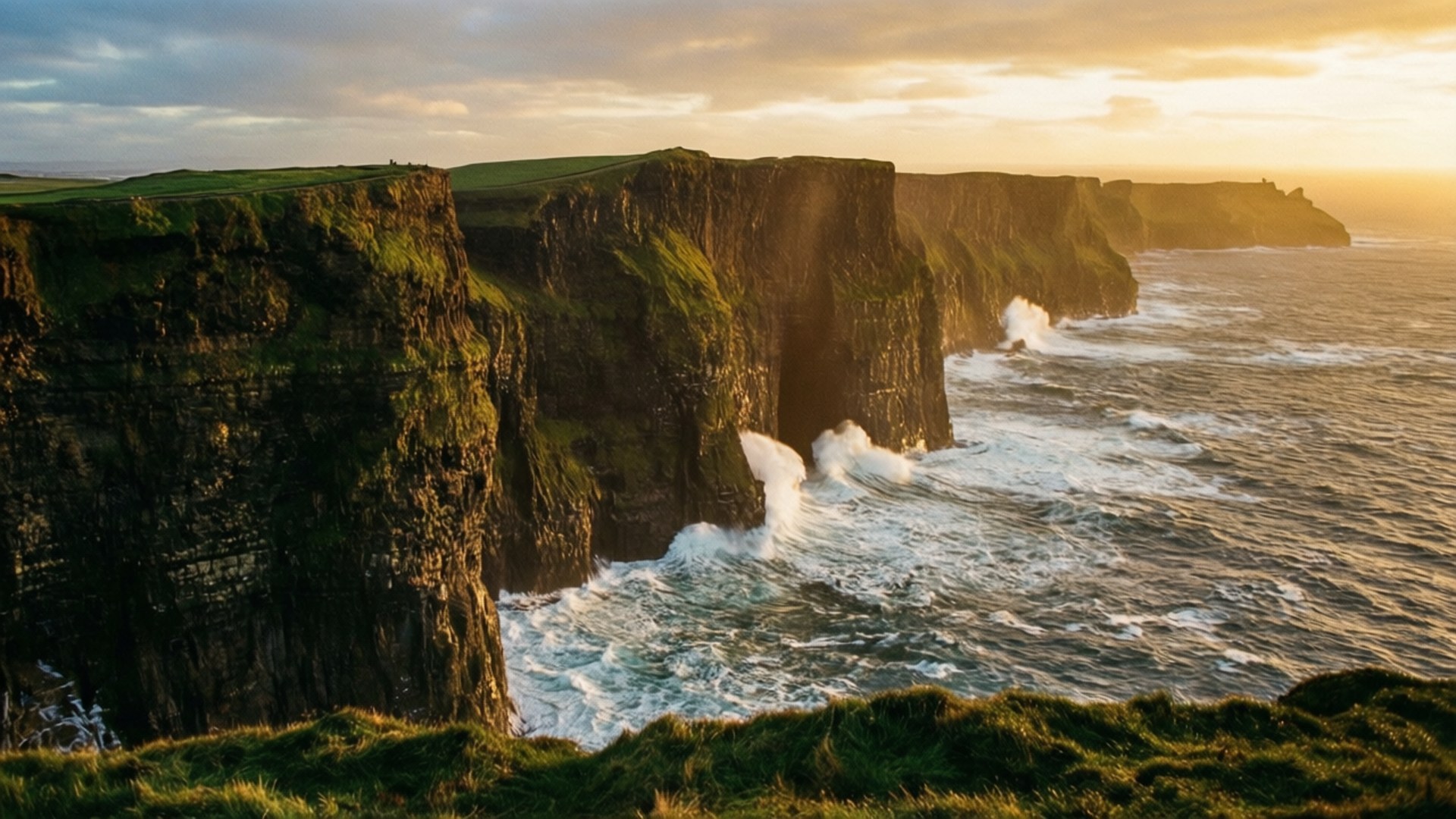 Irish 壁紙 — 夕陽將崎嶇的莫赫懸崖沐浴在金色光芒中，洶湧的海浪拍打著長滿青苔的崖底。