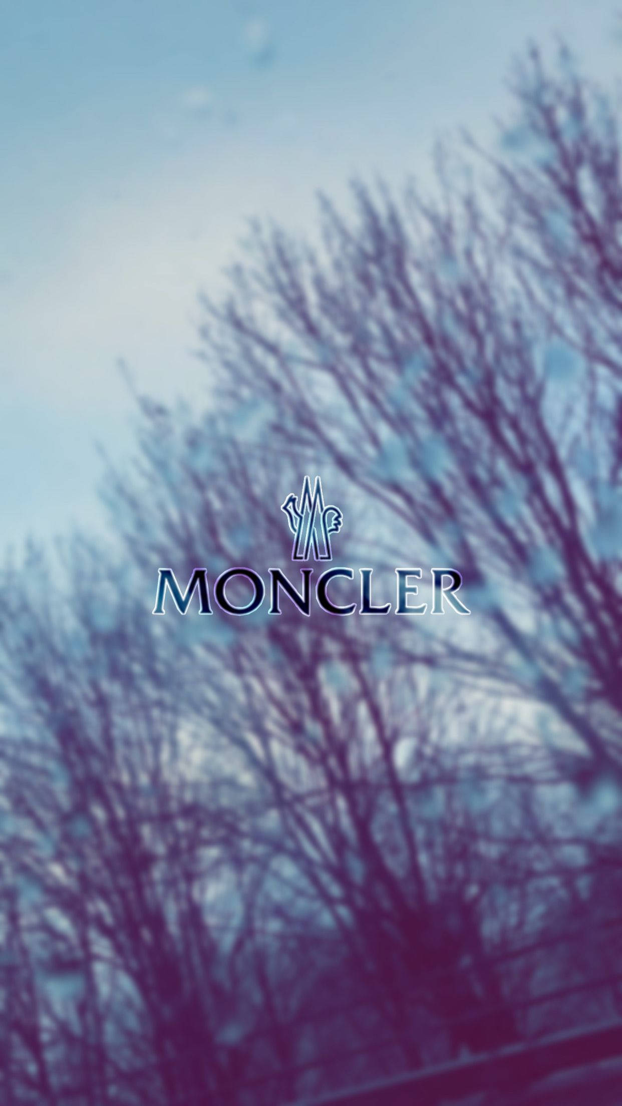 Moncler 桌布 壁紙 — Moncler 標誌居中，背景為模糊的禿枝，天空呈冷藍紫色。