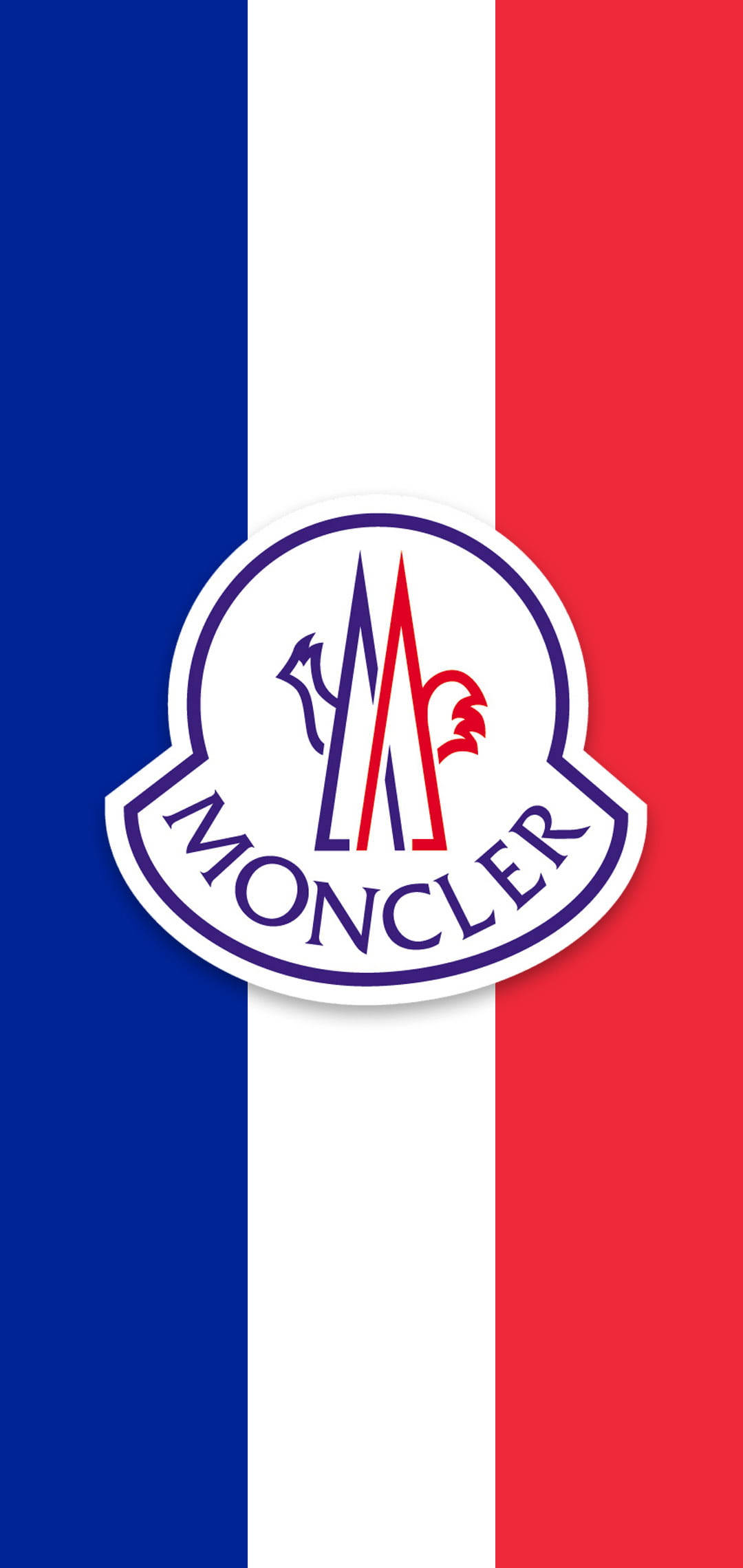 Moncler 桌布 壁紙 — Moncler 標誌居中於法國三色背景上，帶有鮮明的藍、白、紅垂直條紋。