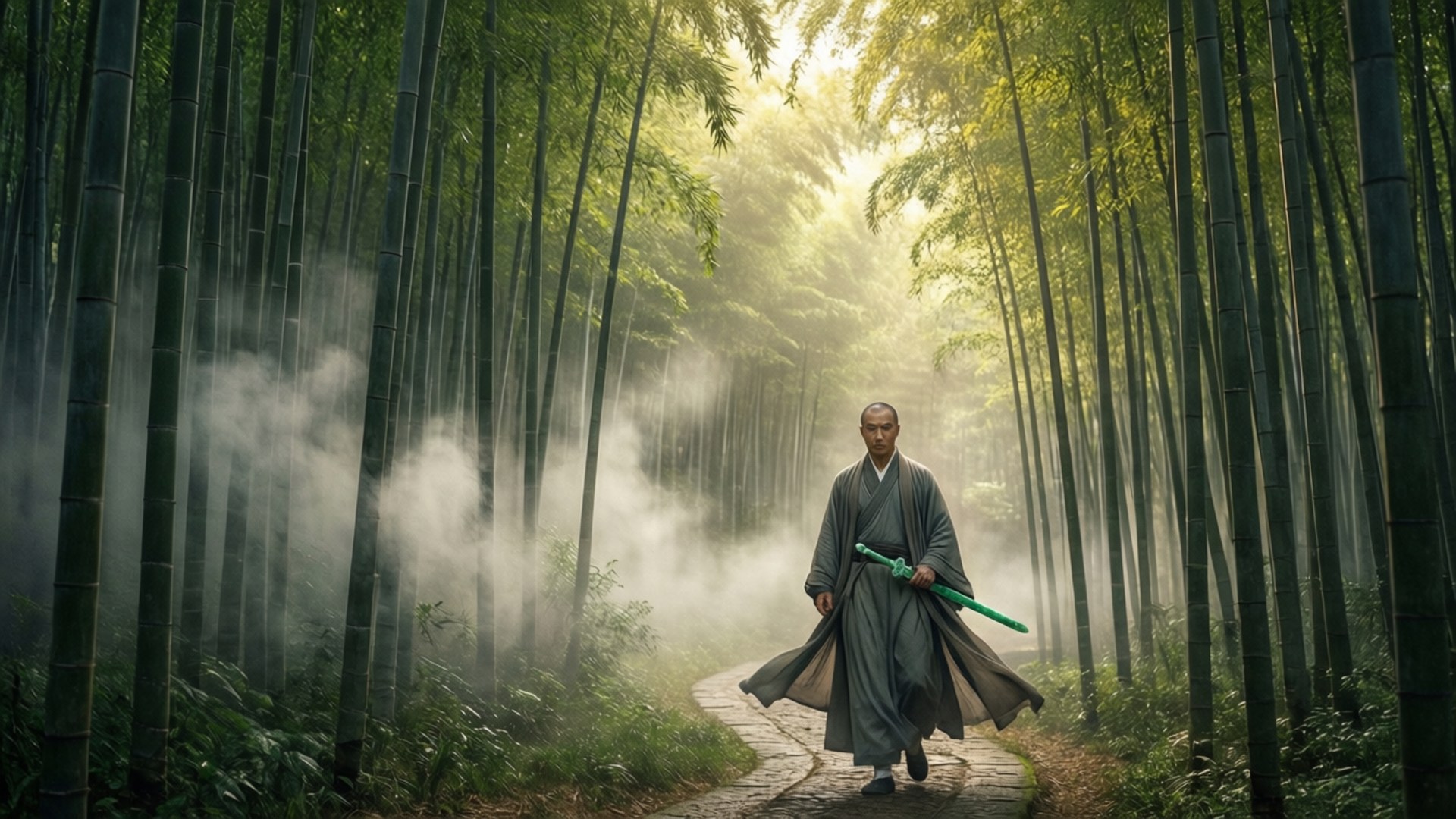 Renegade Immortal 桌布 壁紙 — 一位僧侶走在霧氣瀰漫的竹林小徑上，手持一把發光的綠色劍，陽光透過樹冠灑落。