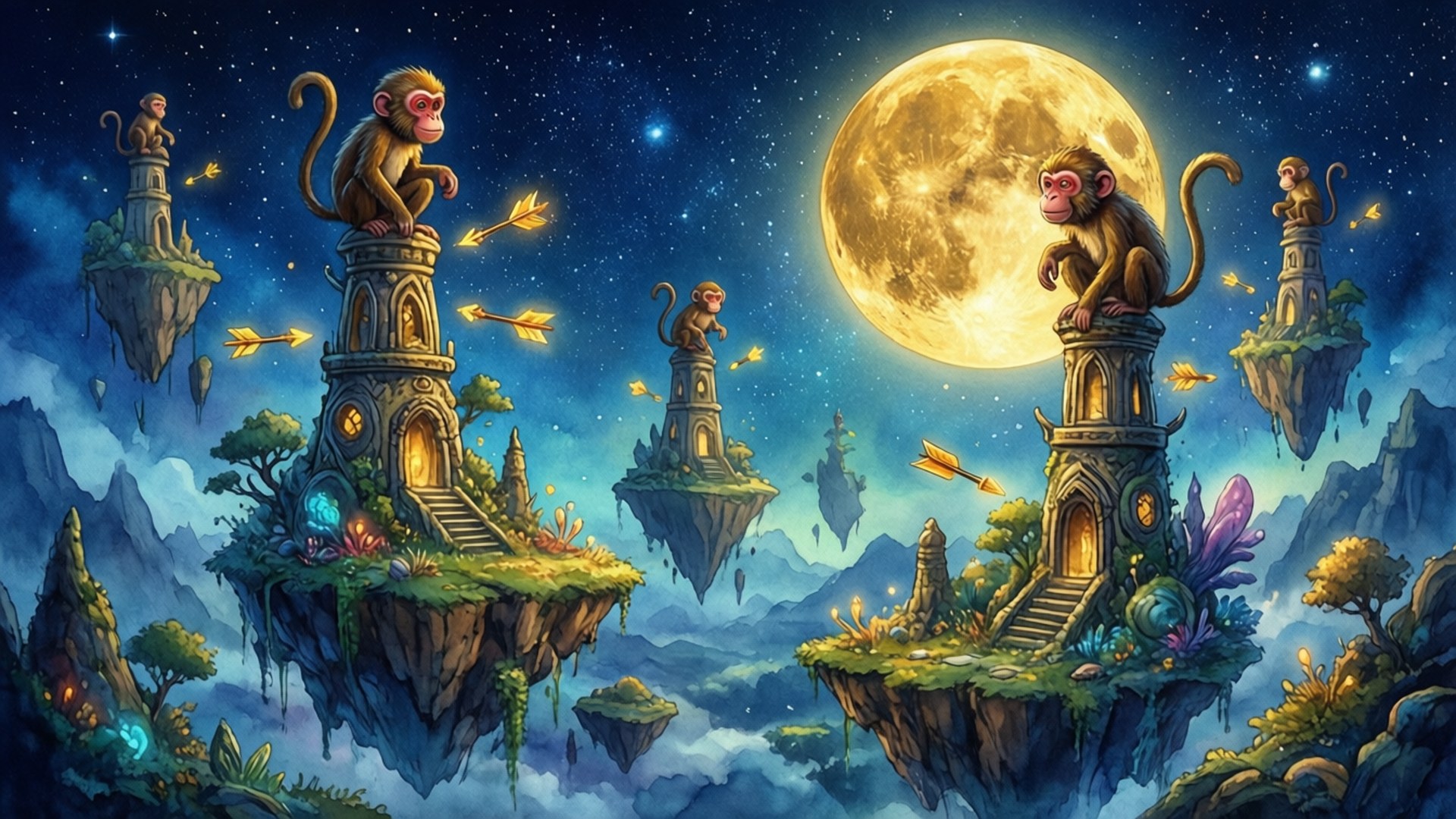 Bloons TD 6 桌布 壁紙 — 猴子坐在漂浮島嶼上，在巨大月亮下，魔法奇幻夜空中有發光箭矢。