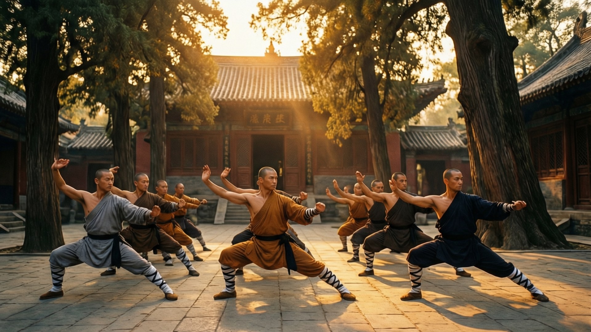 Shaw Brothers Studio 桌布 壁紙 — 身穿傳統僧袍的僧侶在寧靜的寺廟庭院中，沐浴在金色夕陽下，以同步的隊形練習武術。