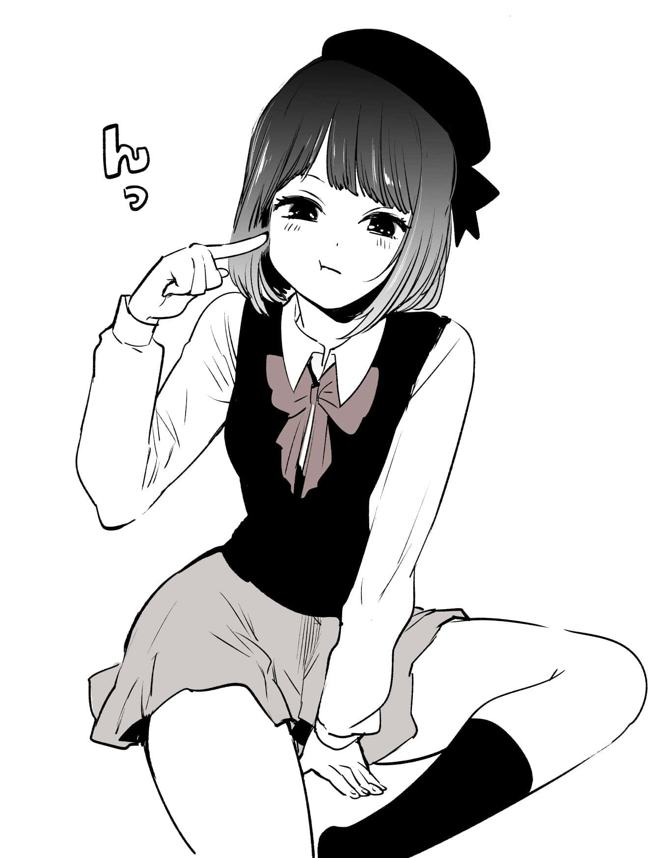  壁紙 — 一個單色動漫女孩穿著校服盤腿而坐，指著臉頰，表情俏皮。