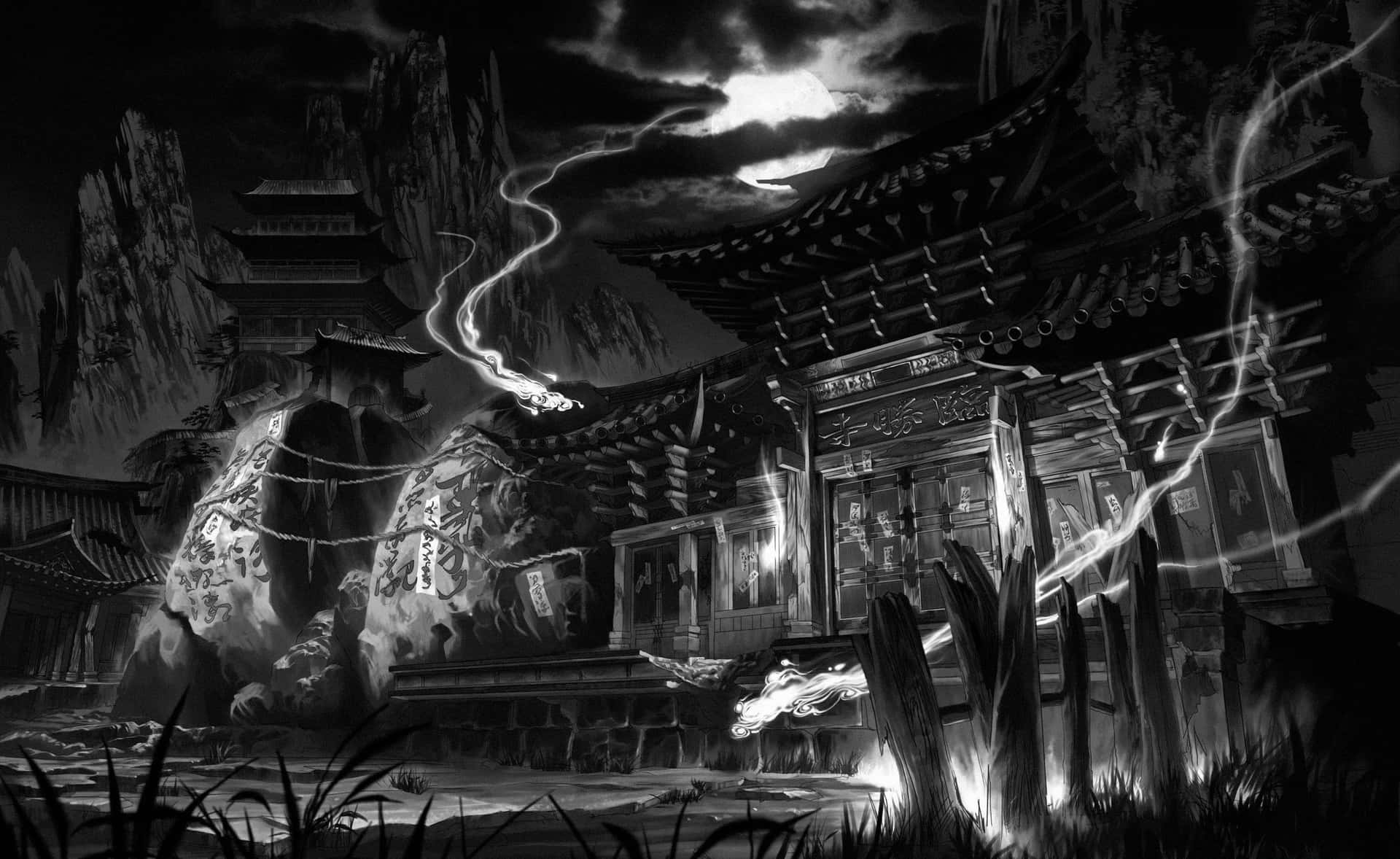 暴風雨夜晚閃電交加的動漫神社。 — 日式暗黑 壁紙