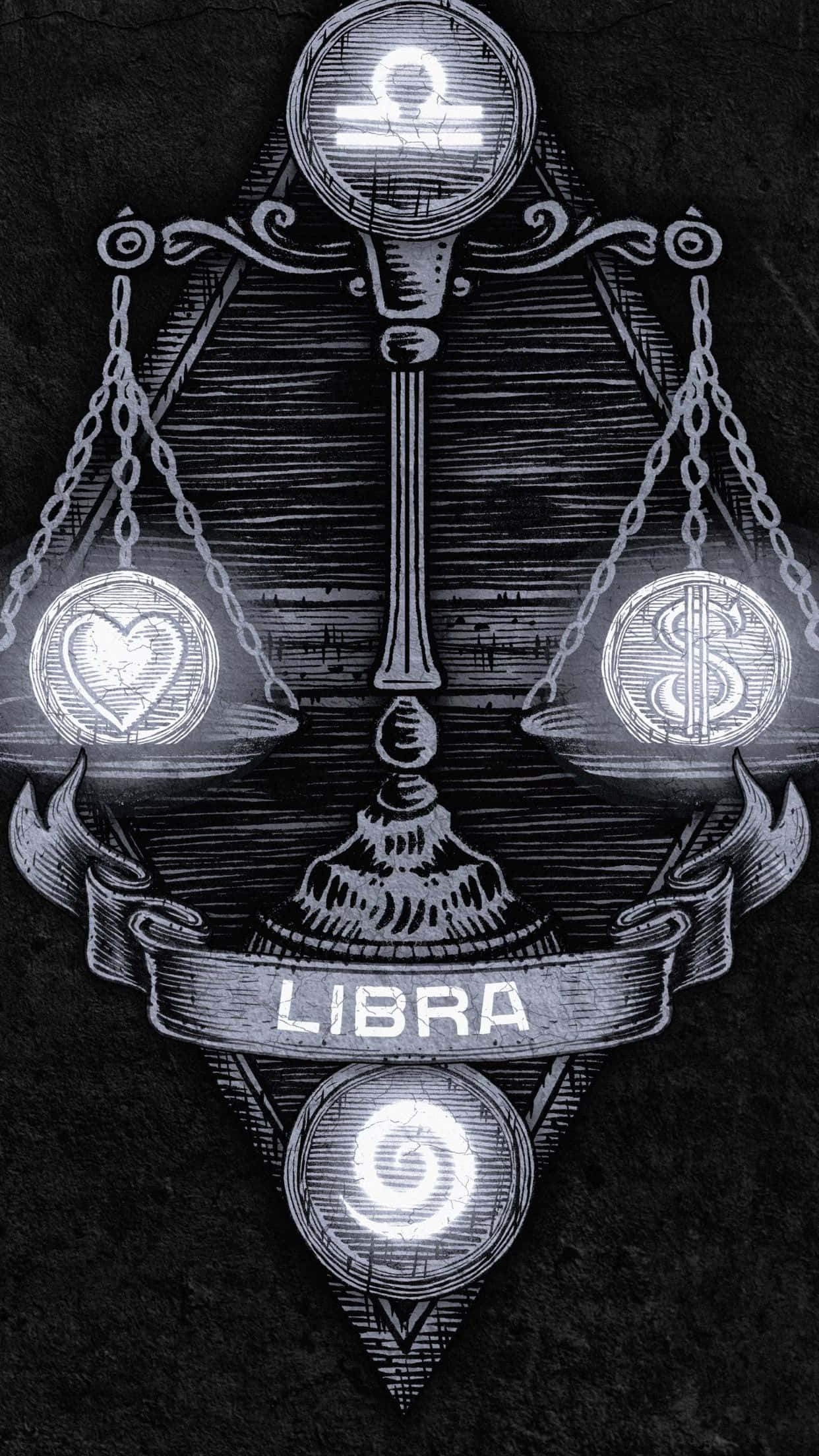 libra 桌布 壁紙 — 一個單色占星學天秤座符號，帶有發光的天秤，在紋理深色背景上平衡心形和美元符號。