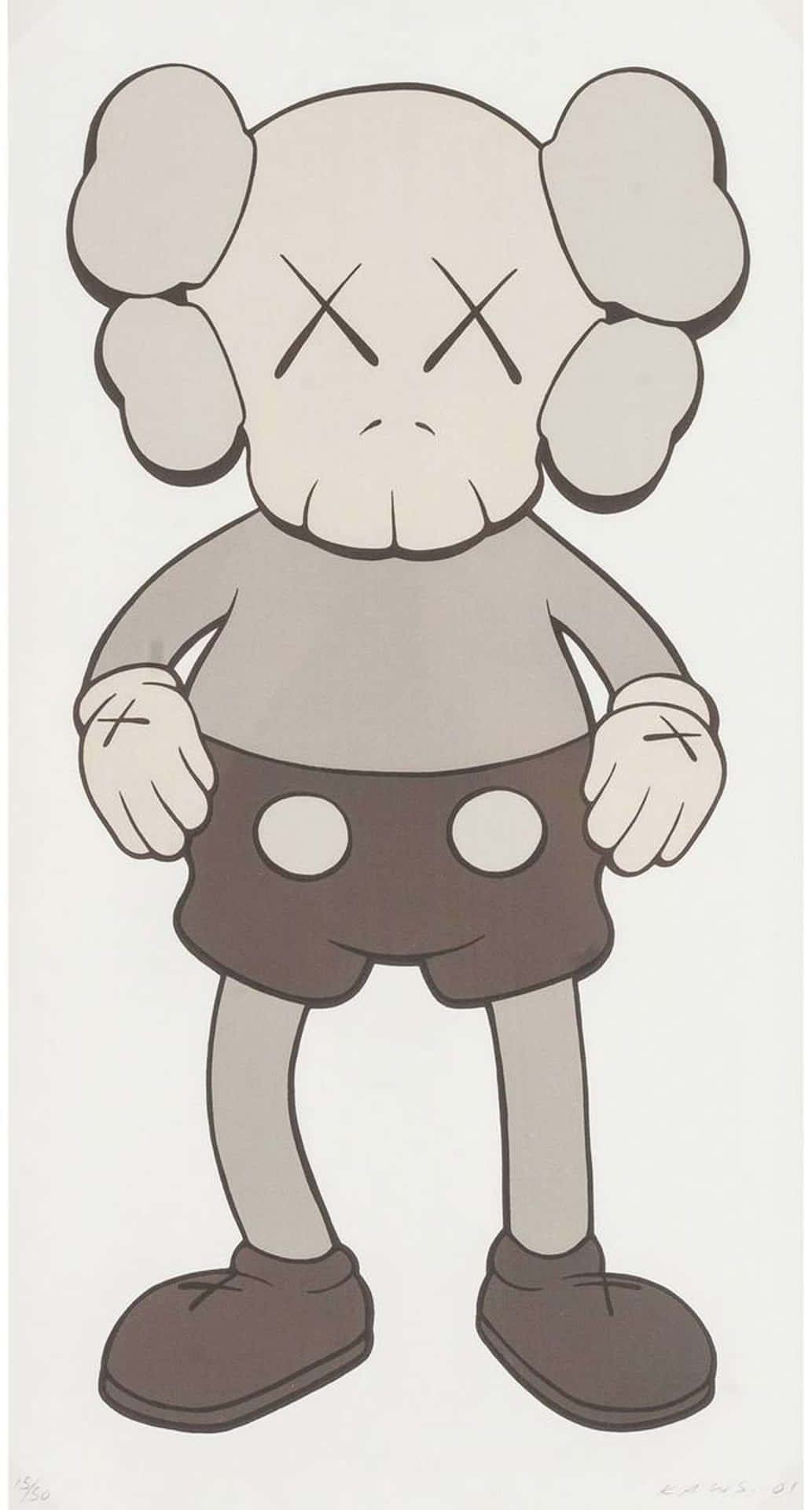 單色卡通人物，有X形眼睛和雲朵耳朵，握緊拳頭站立。 — Kaws 壁紙
