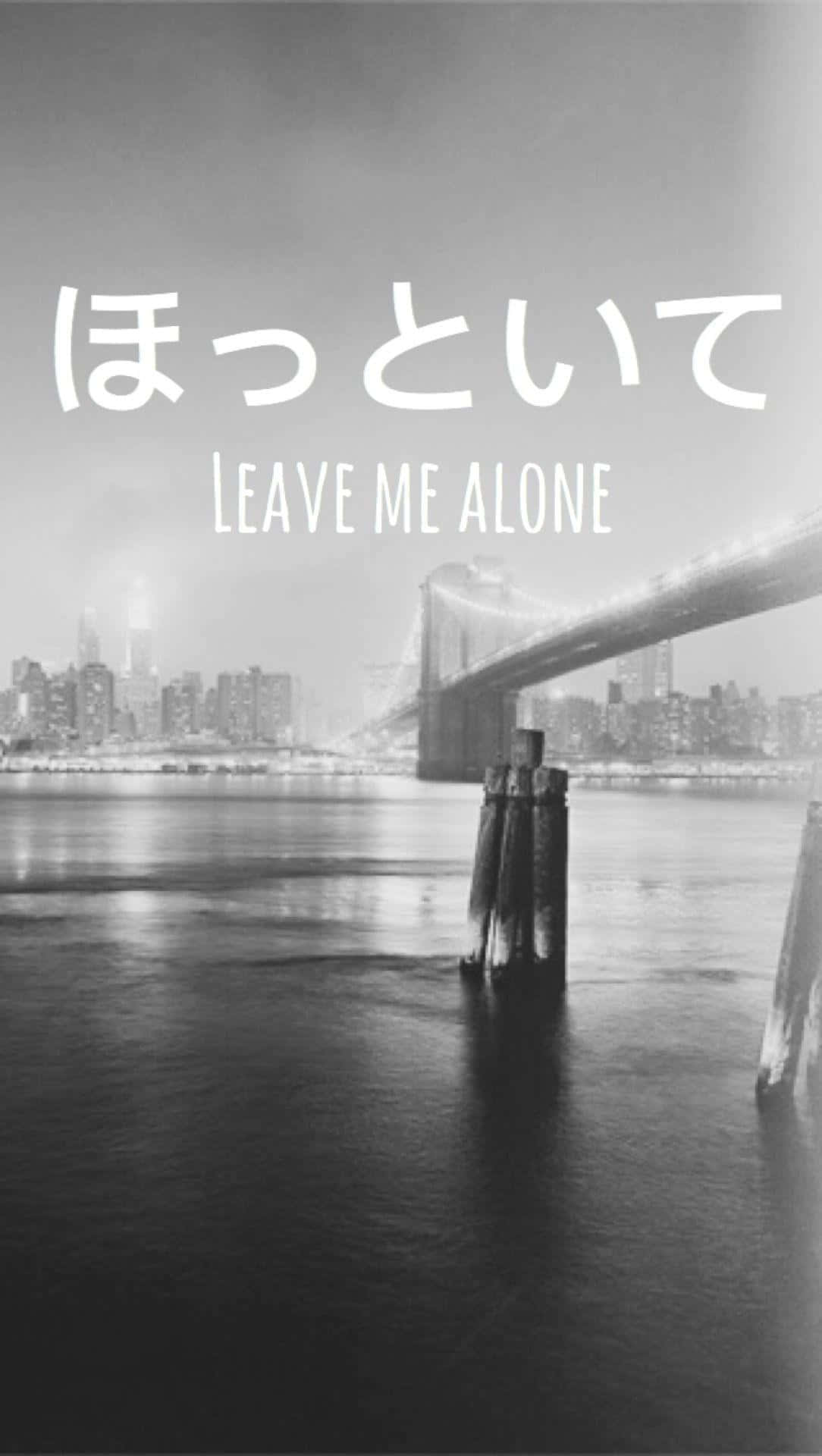  壁紙 — 黃昏時的單色城市景觀，布魯克林大橋和 leave me alone 文字疊加