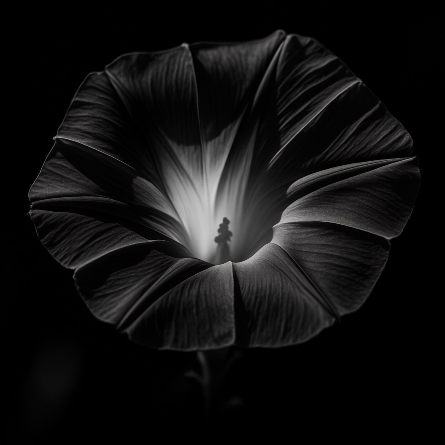 Monochrome Morning Glory 壁紙 — 黑白特寫喇叭花，戲劇性燈光揭示複雜花瓣紋理，黑色背景。
