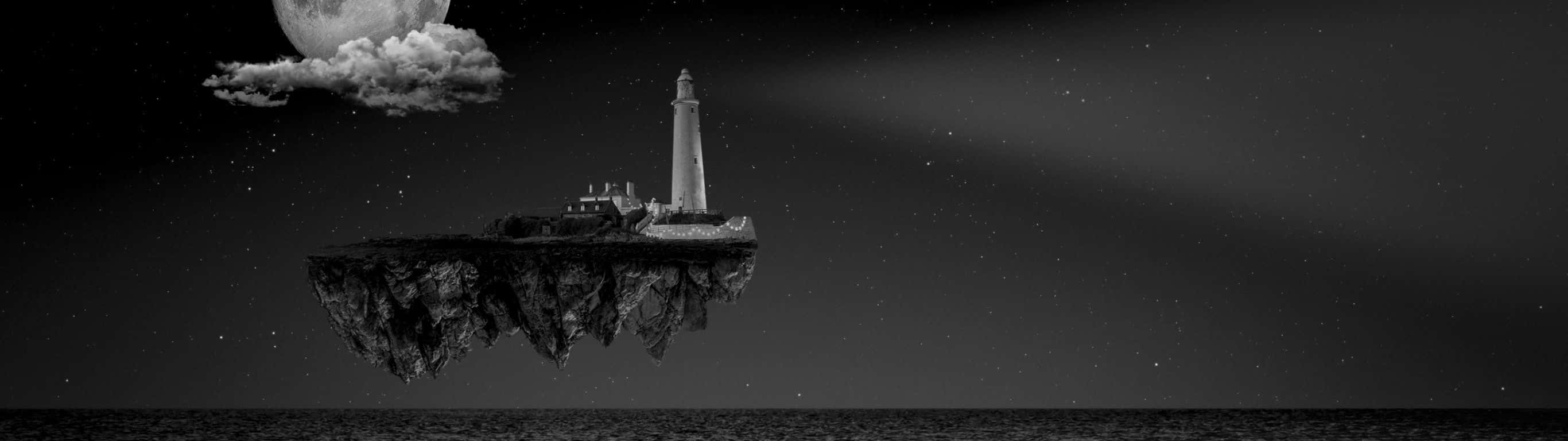 滿月星空下的浮島與燈塔。 — 1366X768 壁紙