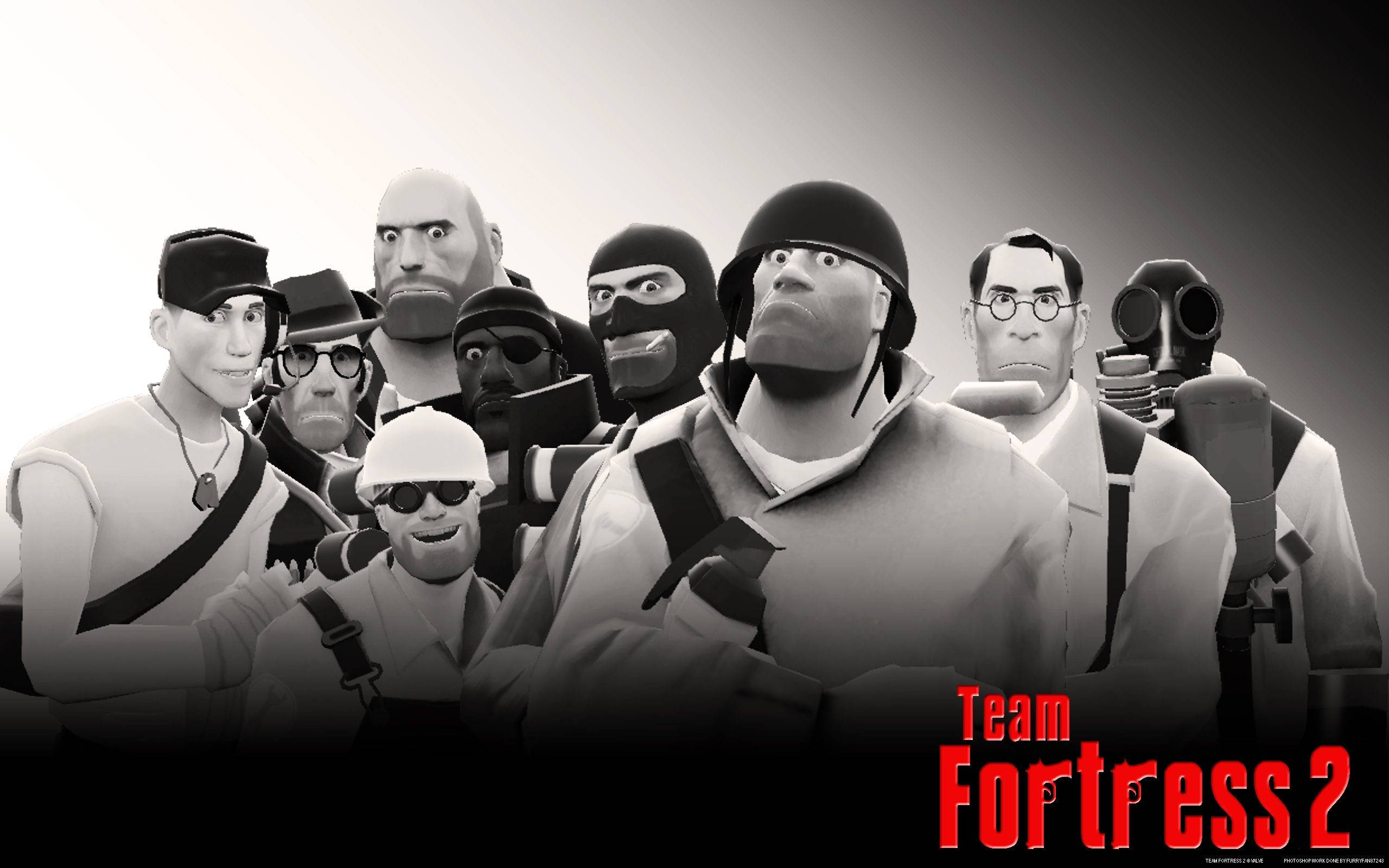 Tf2 桌布 壁紙 — Team Fortress 2 中多樣化的卡通士兵角色一起擺姿勢的單色團體肖像。
