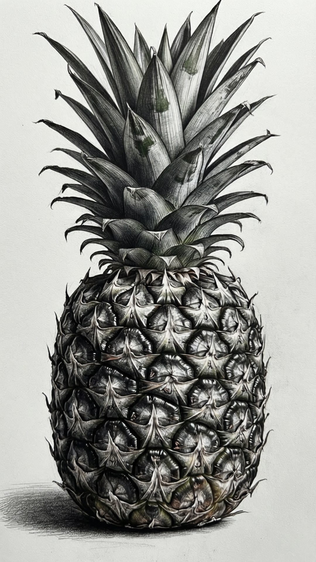 Pineapple Pencil Sketch 壁紙 — 一個非常詳細的單色鉛筆畫，畫了一個鳳梨，有尖銳的刺狀葉子和紋理皮膚，投下柔和的陰影。