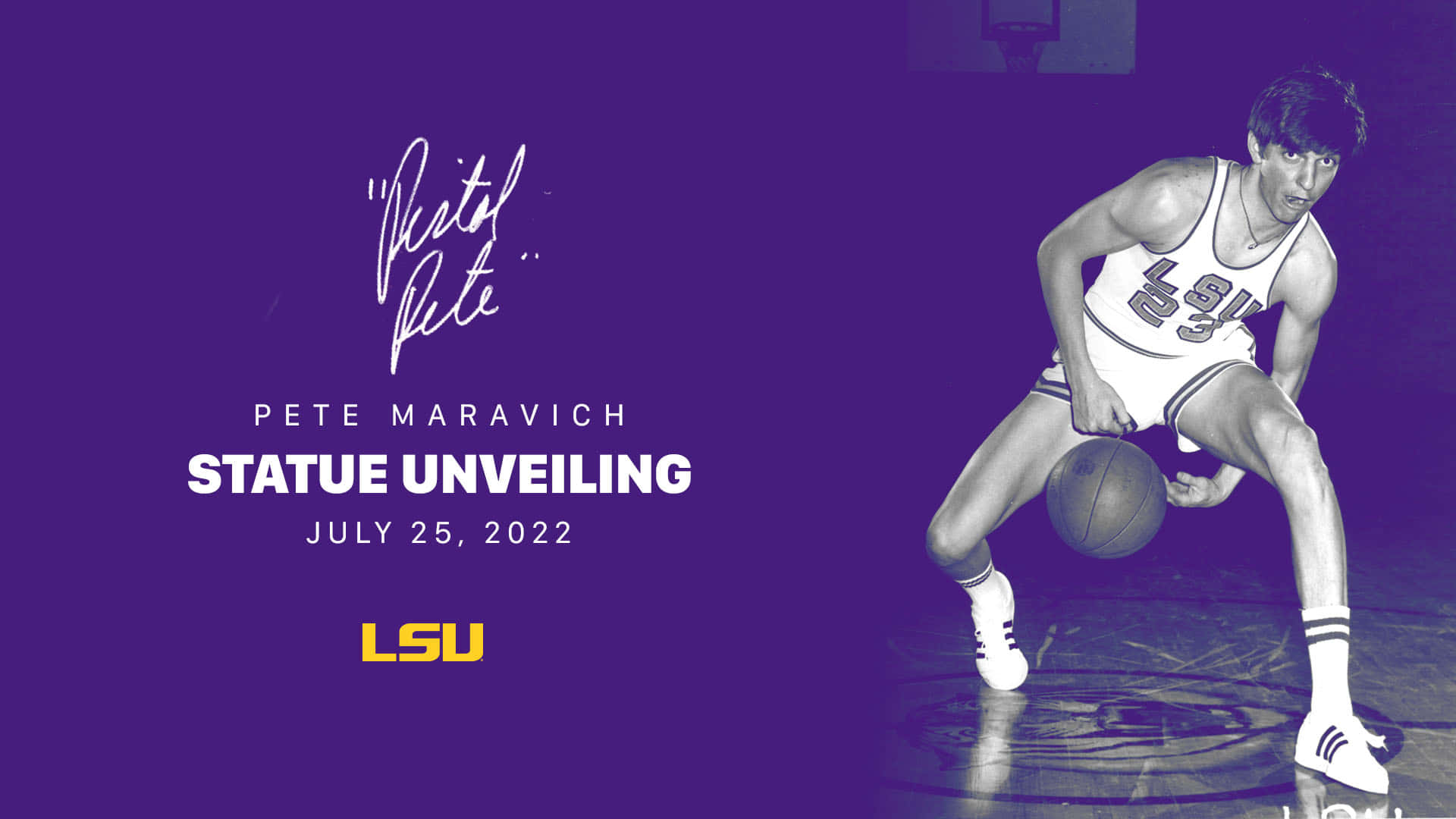 Pete Maravich雕像揭幕活動海報，附有球員照片和日期。 — NBA 壁紙