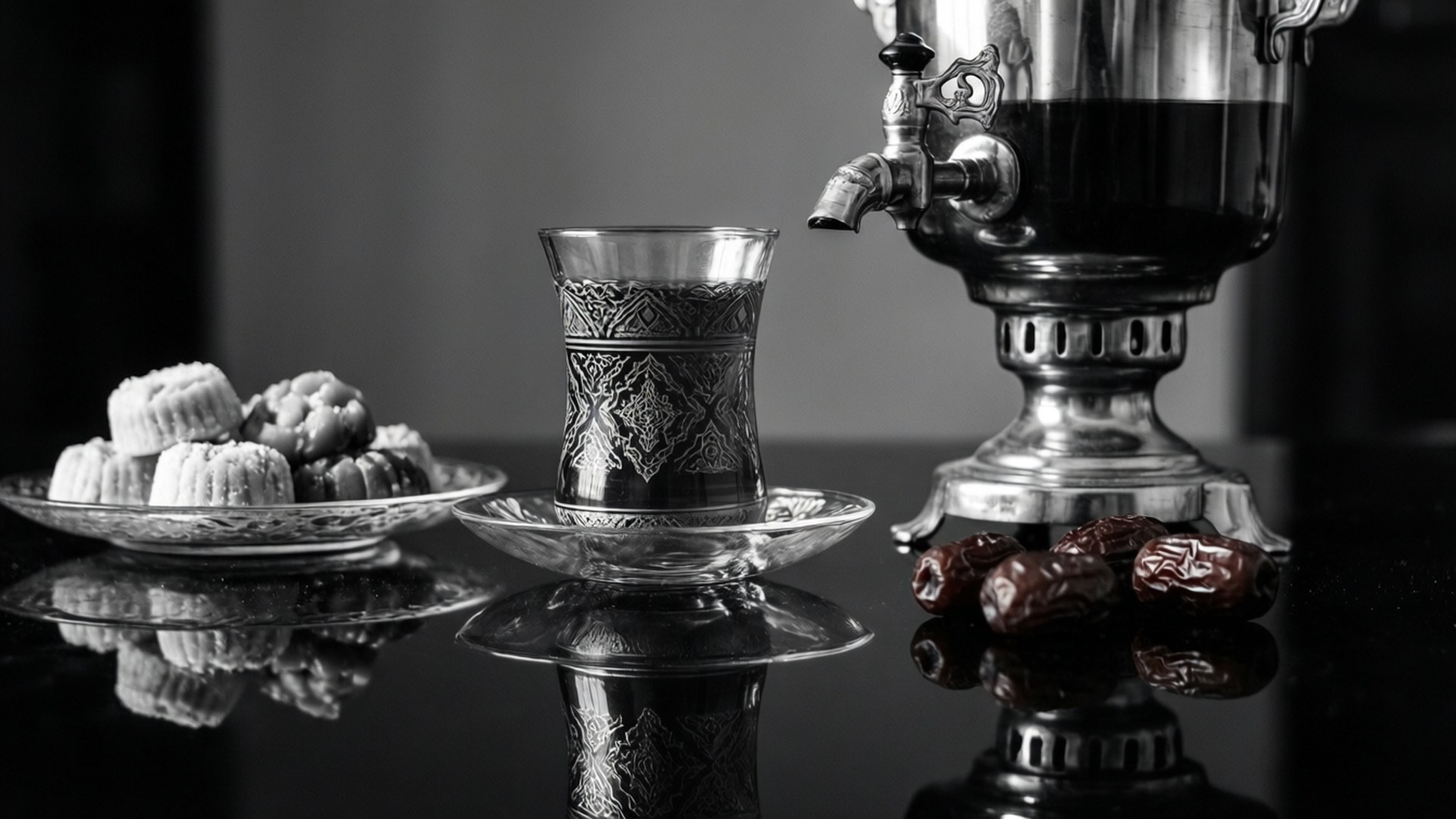Tea and Tradition B&W 壁紙 — 單色靜物畫，描繪銀色茶壺、深色茶杯和一盤棗子糕點，置於反光表面上。
