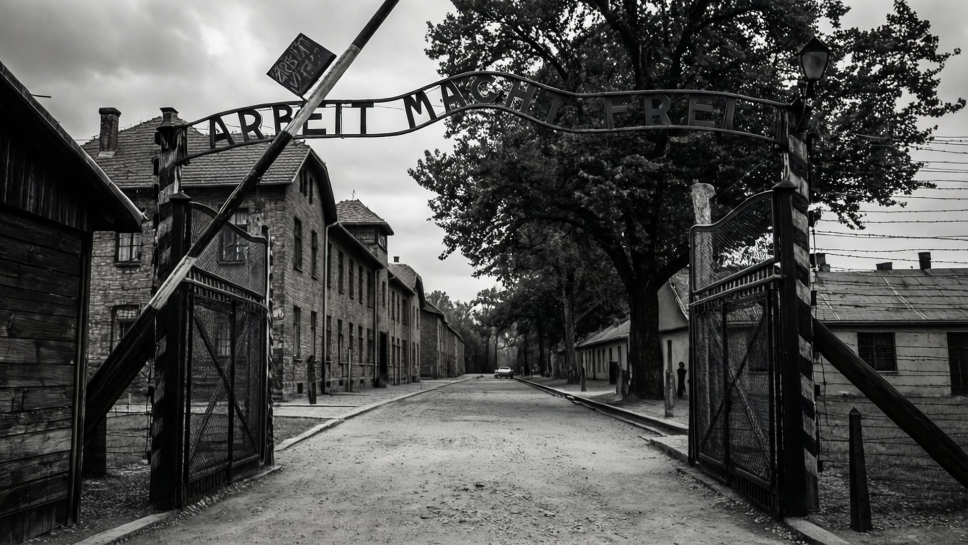 Gate of Sorrow 壁紙 — 在陰天之下，臭名昭著的奧斯威辛集中營大門上寫著「ARBEIT MACHT FREI」標語的黑白景象。