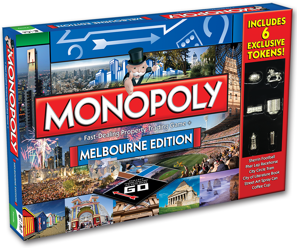 墨爾本 桌布 壁紙 — Monopoly 墨爾本版盒子，展示標誌性城市地標、煙火和獨家棋子，背景為鮮豔的藍色。