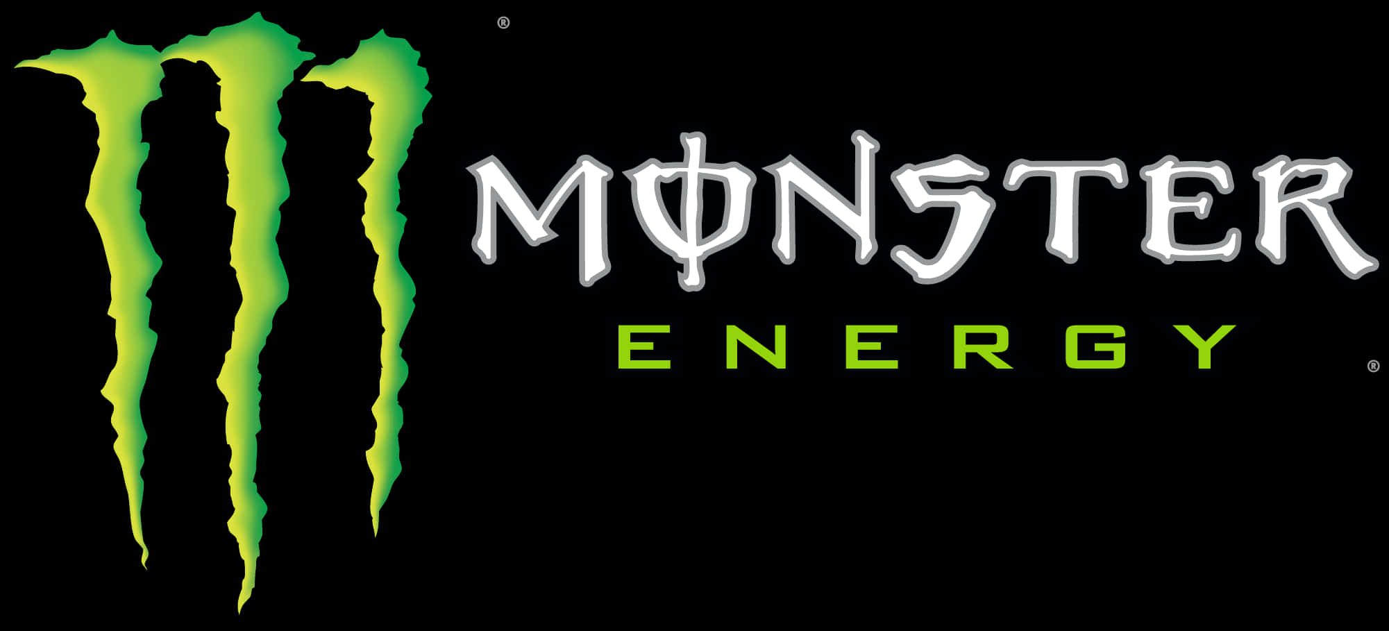 Monster Energy Drink 桌布 壁紙 — Monster Energy 標誌，帶有標誌性的綠色爪痕和粗體白色文字，背景為黑色。