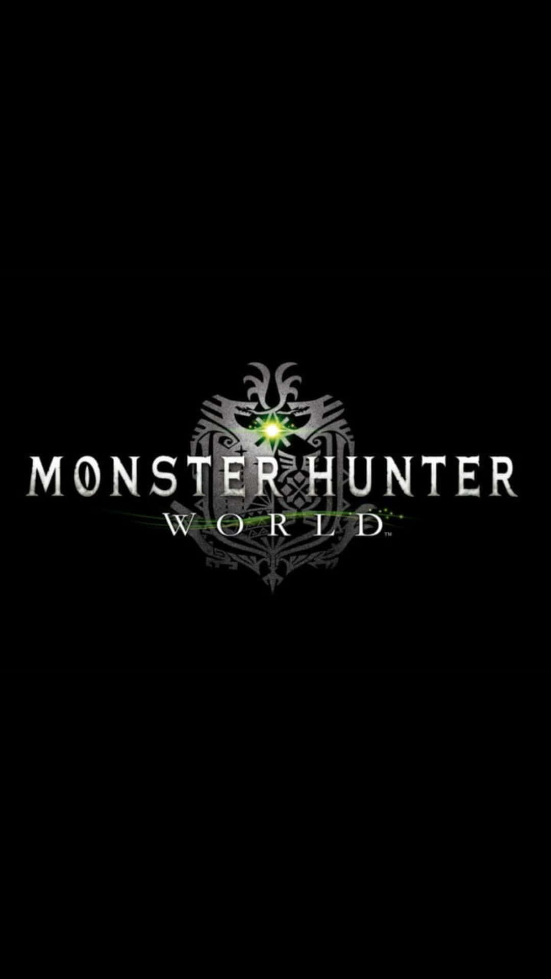 Android Monster Hunter World 桌布 壁紙 — Monster Hunter World 標誌在純黑色背景上，中央有一隻發光的綠色眼睛。