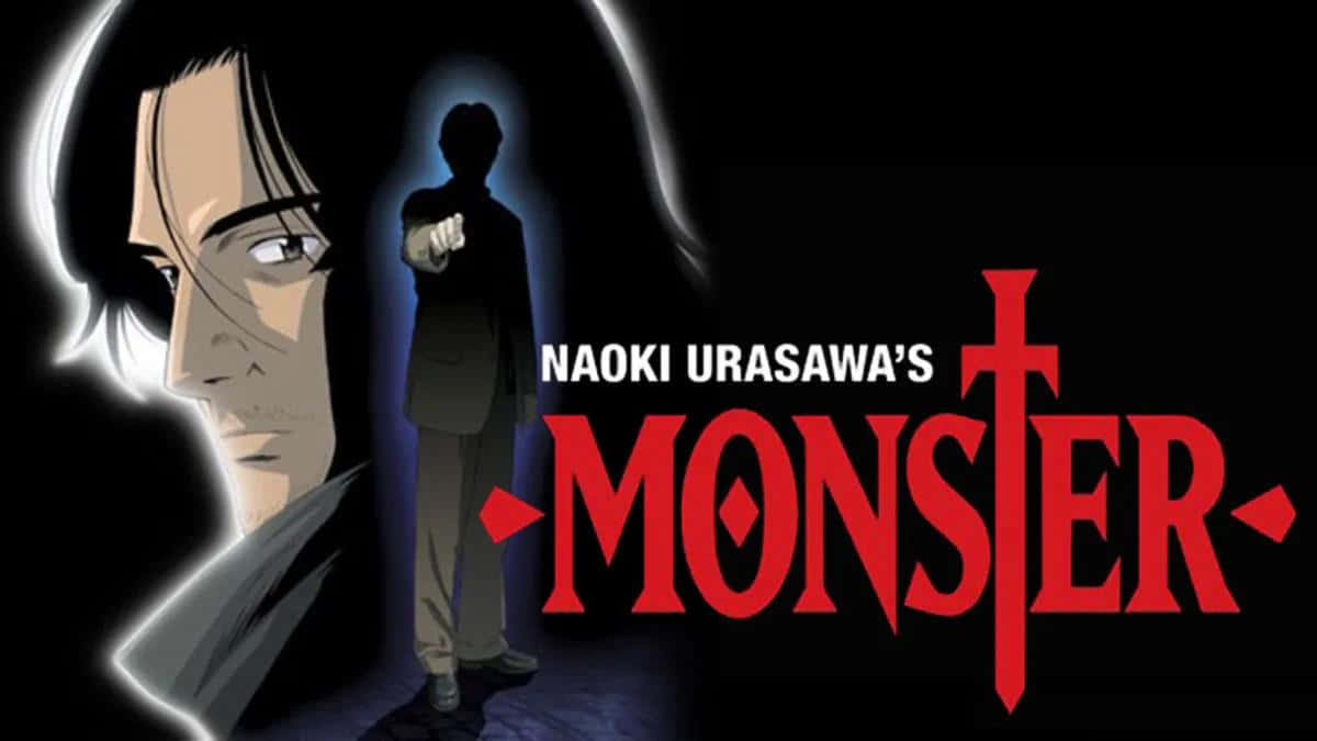  壁紙 — Monster 的戲劇性動畫海報，展示一個男人的臉和一個剪影人物指向黑暗背景，並帶有粗體紅色標題文字。