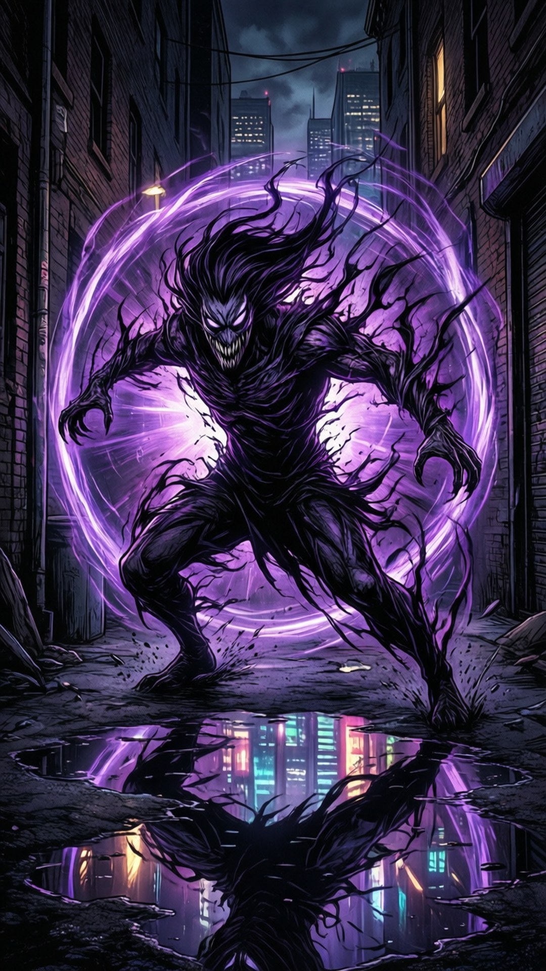 Wraith Phase Walk 壁紙 — 一個發著白光眼睛、四肢參差不齊的怪物般的黑色身影，從一條被雨水浸濕的城市小巷中發光的紫色傳送門中衝出。