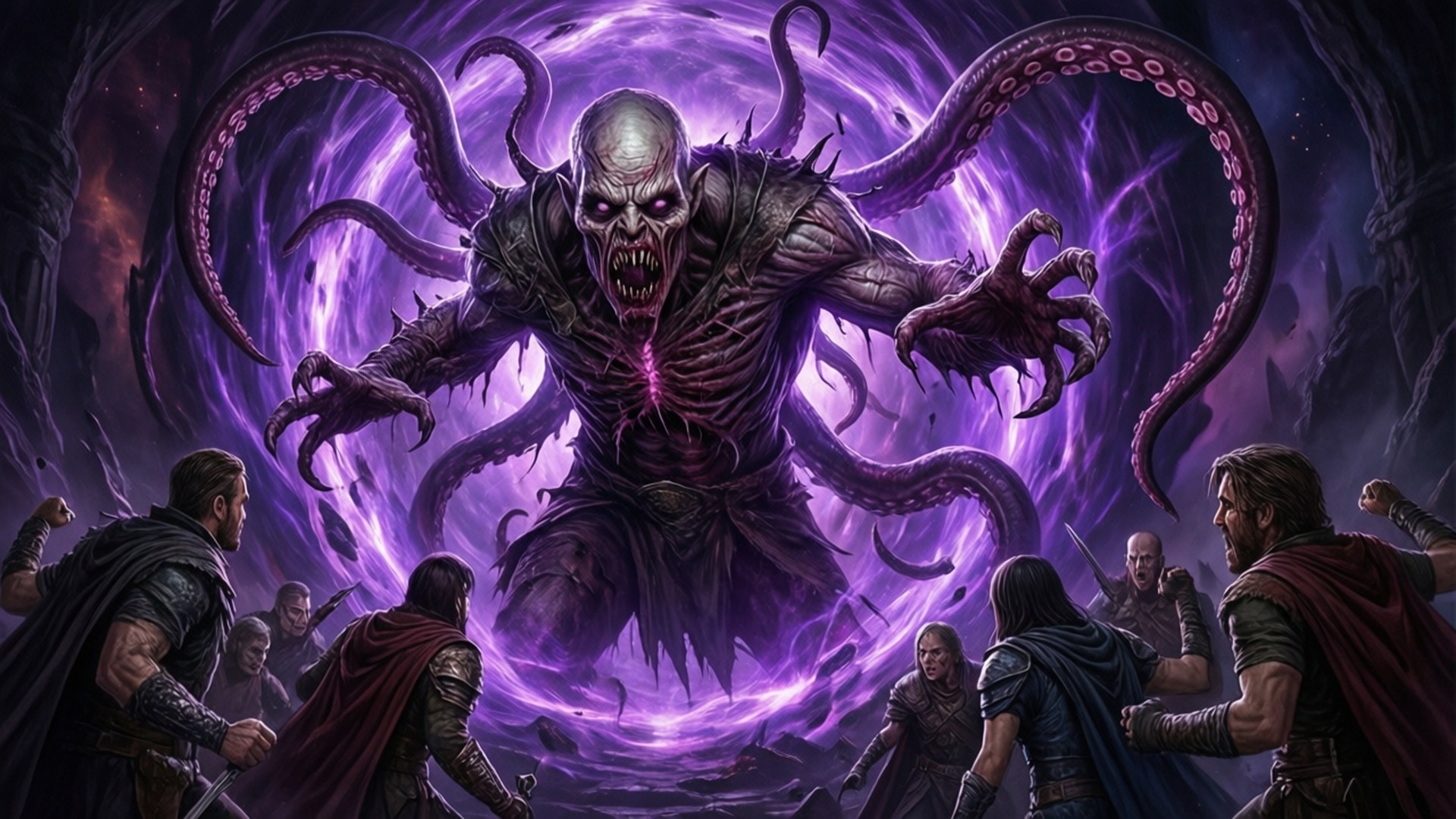 Shambler's Arrival 壁紙 — 一個巨大的紫色觸手恐怖生物，眼睛發光，從旋轉的漩渦中出現，而身穿盔甲的戰士們 defiantly 站在它面前。